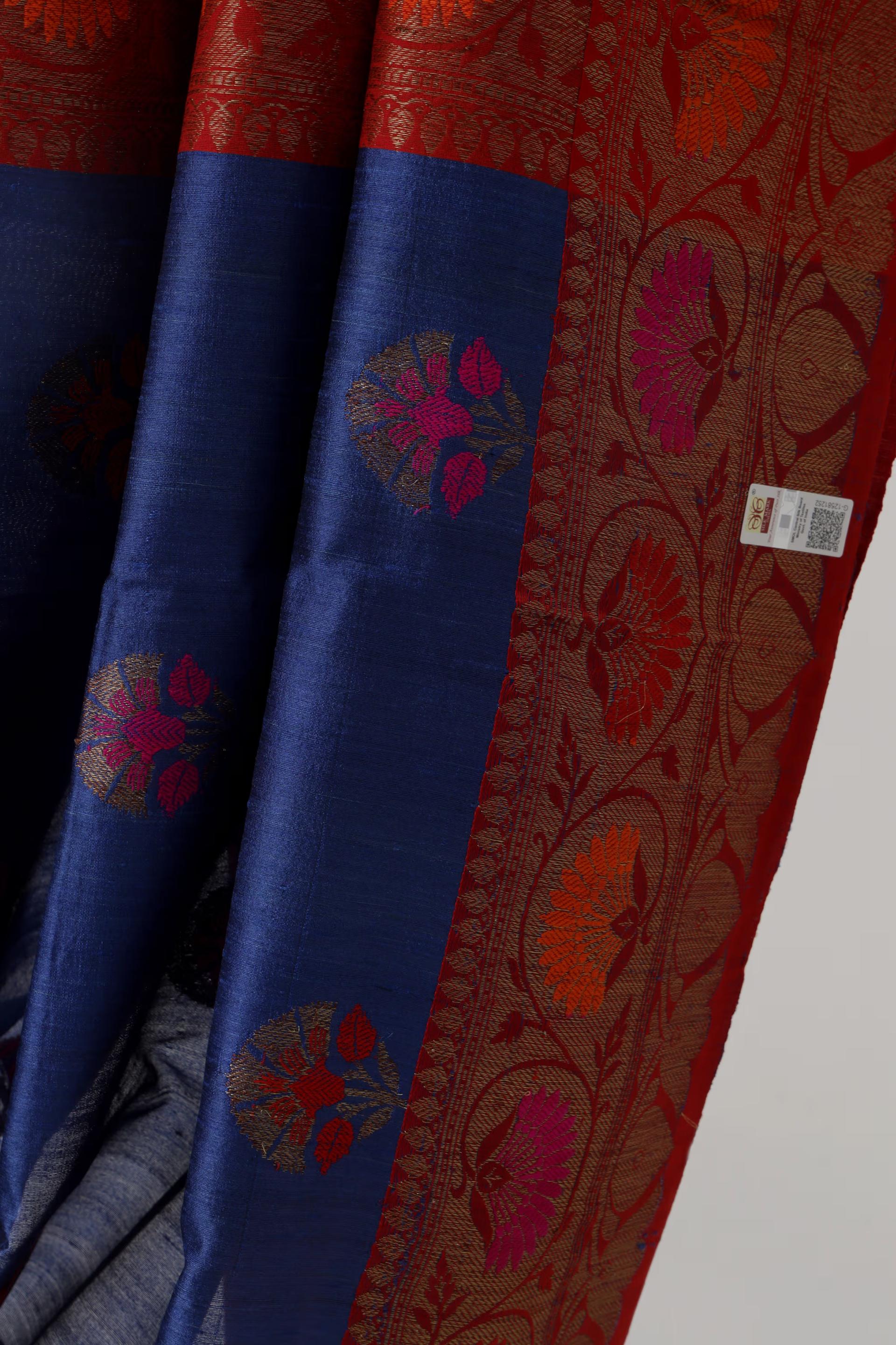 Handloom Tussar Banarasi saree Navy Blue and Red with Meenakari 4 - Royal blue and Red Tussar silk saree