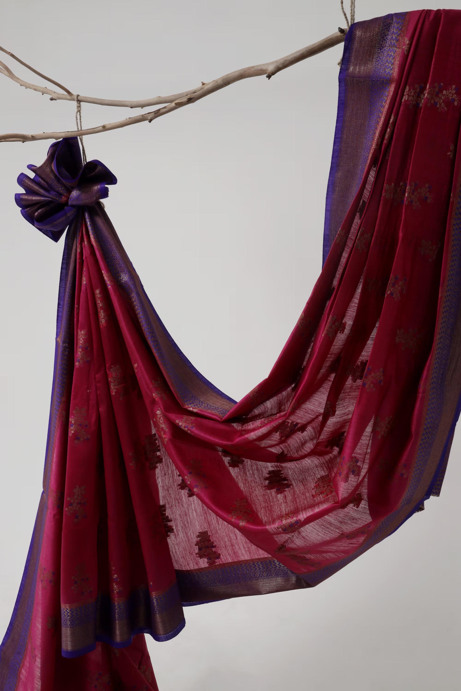 Handloom Tussar Banarasi in Pink and Royal Blue with Meenakari 4 - Pink and Royal Blue Tussar silk saree