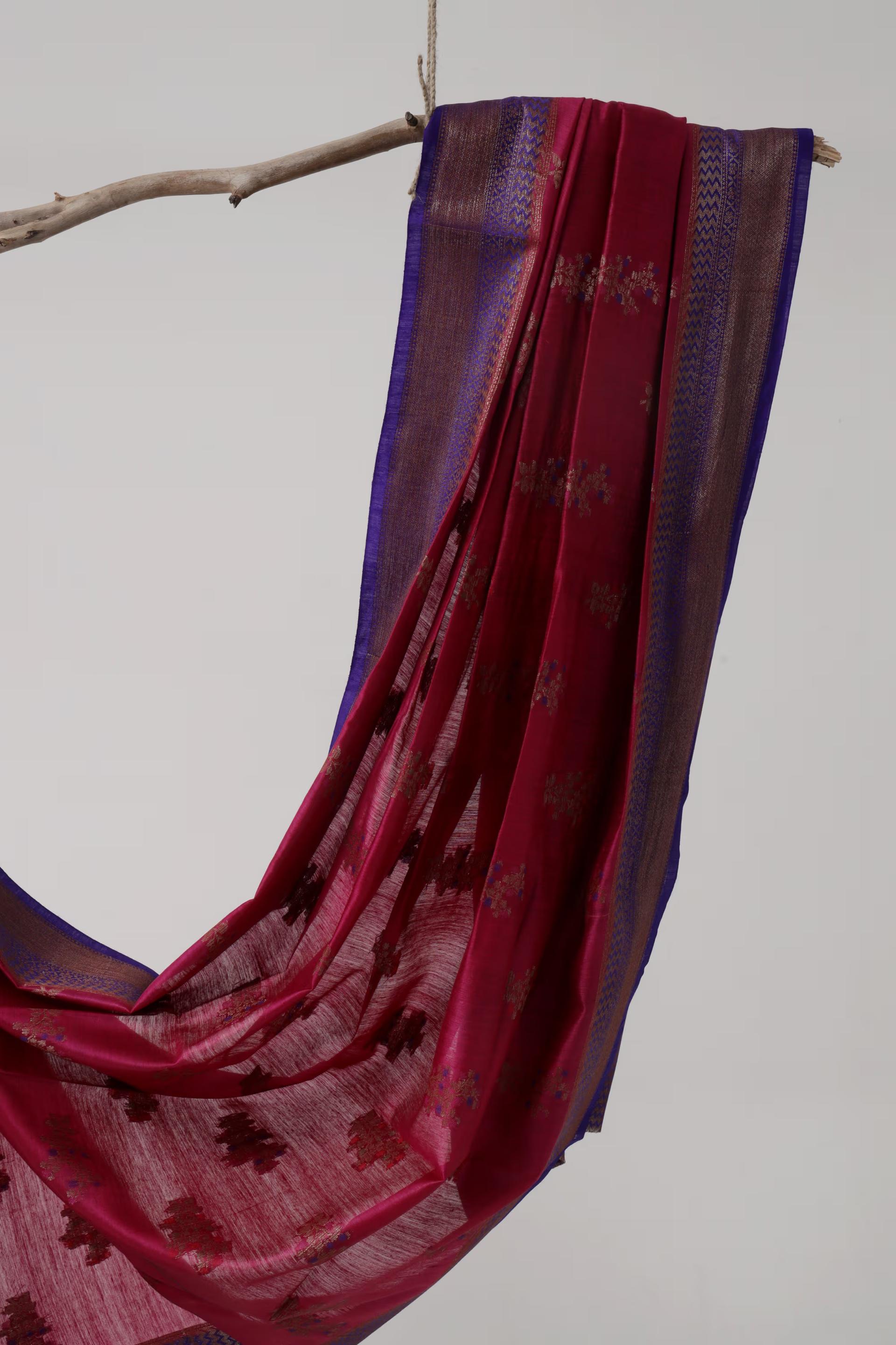 Handloom Tussar Banarasi in Pink and Royal Blue with Meenakari 3 - Pink and Royal Blue Tussar silk saree