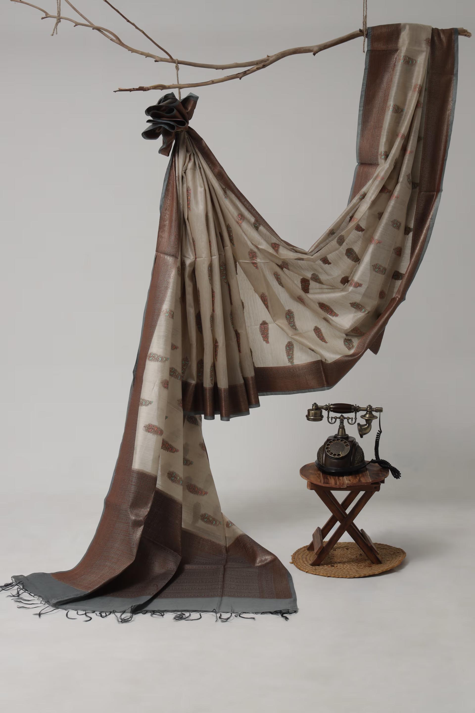 Handloom Tussar Banarasi in Ivory with Meenakari 2 - Ivory Tussar silk saree