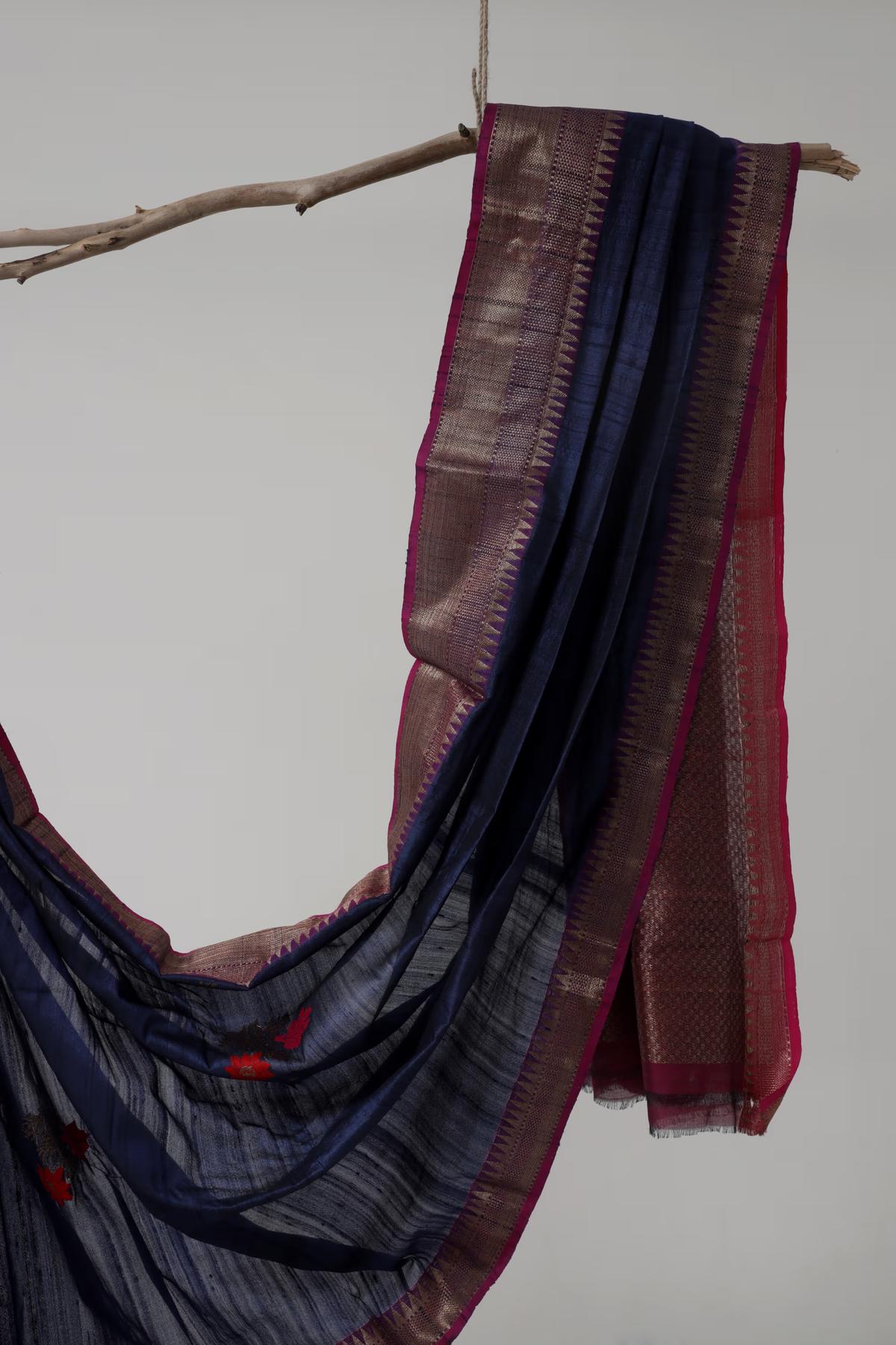 Handloom Tussar Banarasi in Indigo Blue and Pink with Meenakari view 2 - Indigo Blue and Pink Tussar silk saree