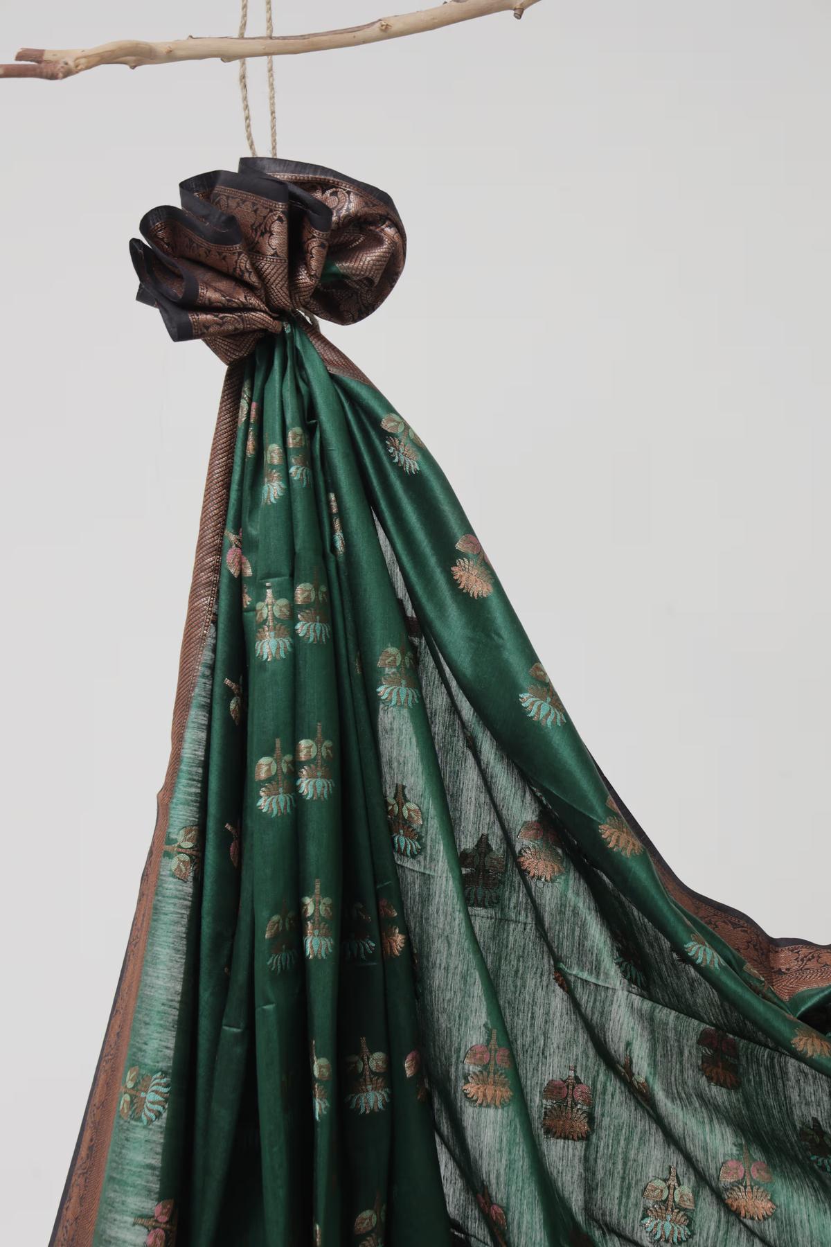 Handloom Tussar Banarasi in Emerald green & Black with Meenakari view 4 - Emerald green and black Tussar silk saree