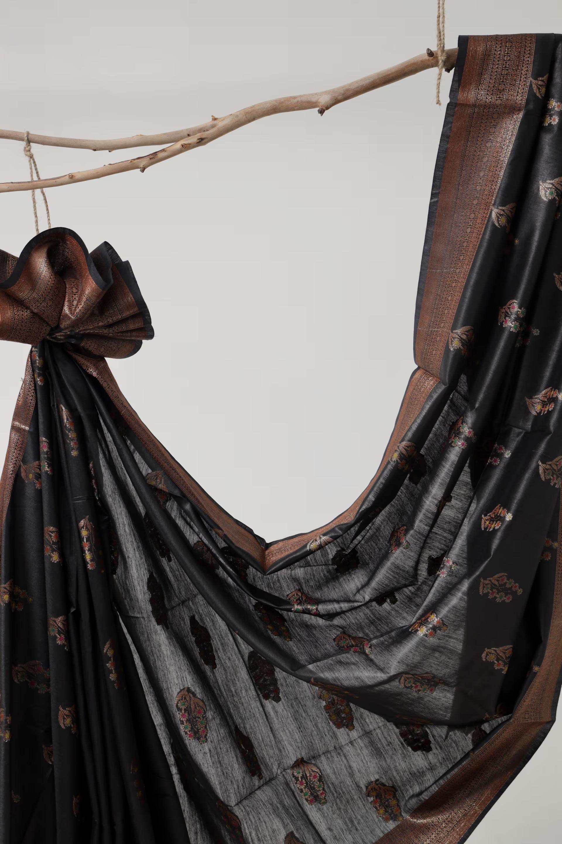 Handloom Tussar Banarasi in Black with Meenakari 3 - Black Tussar silk saree
