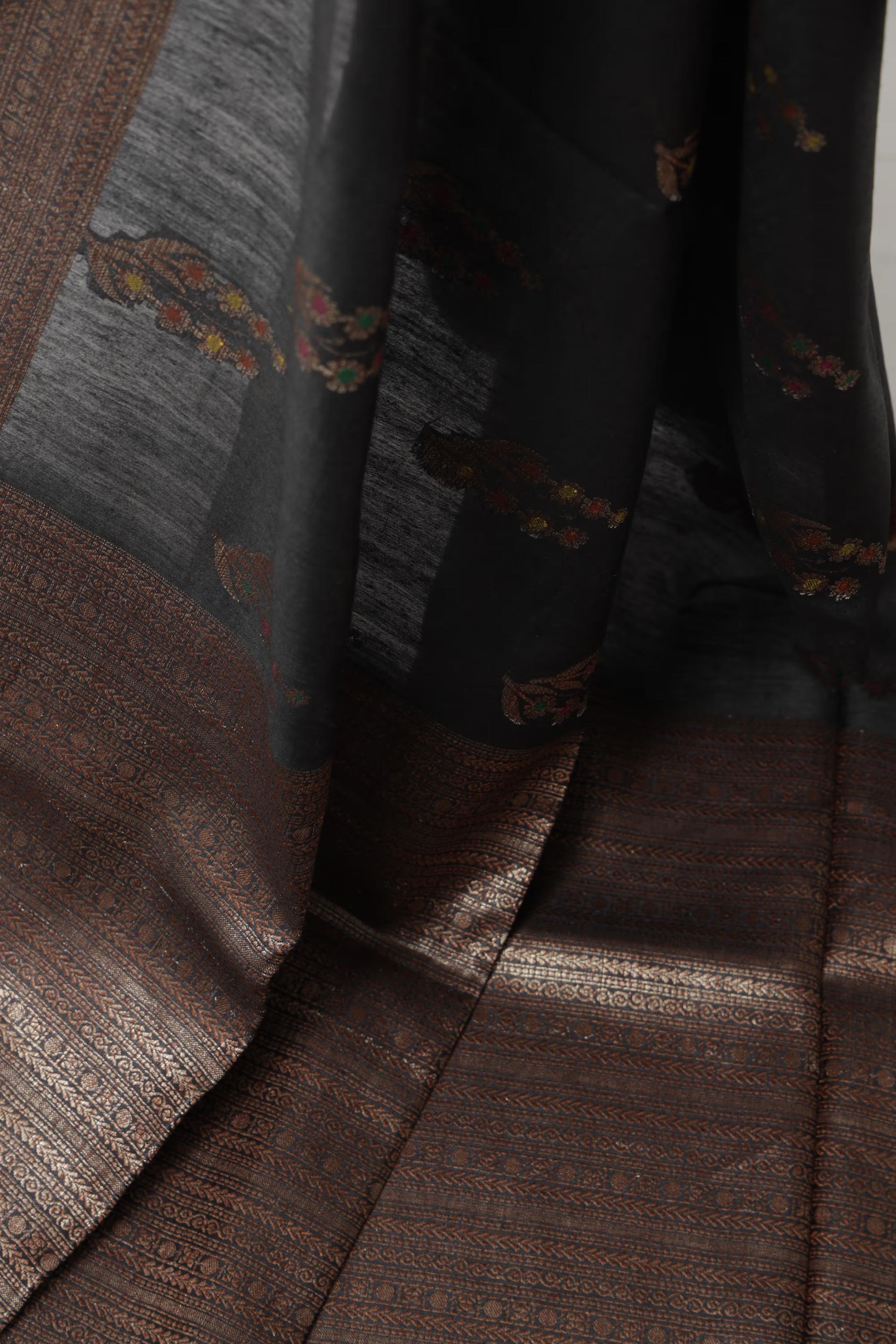 Handloom Tussar Banarasi in Black with Meenakari 4 - Black Tussar silk saree