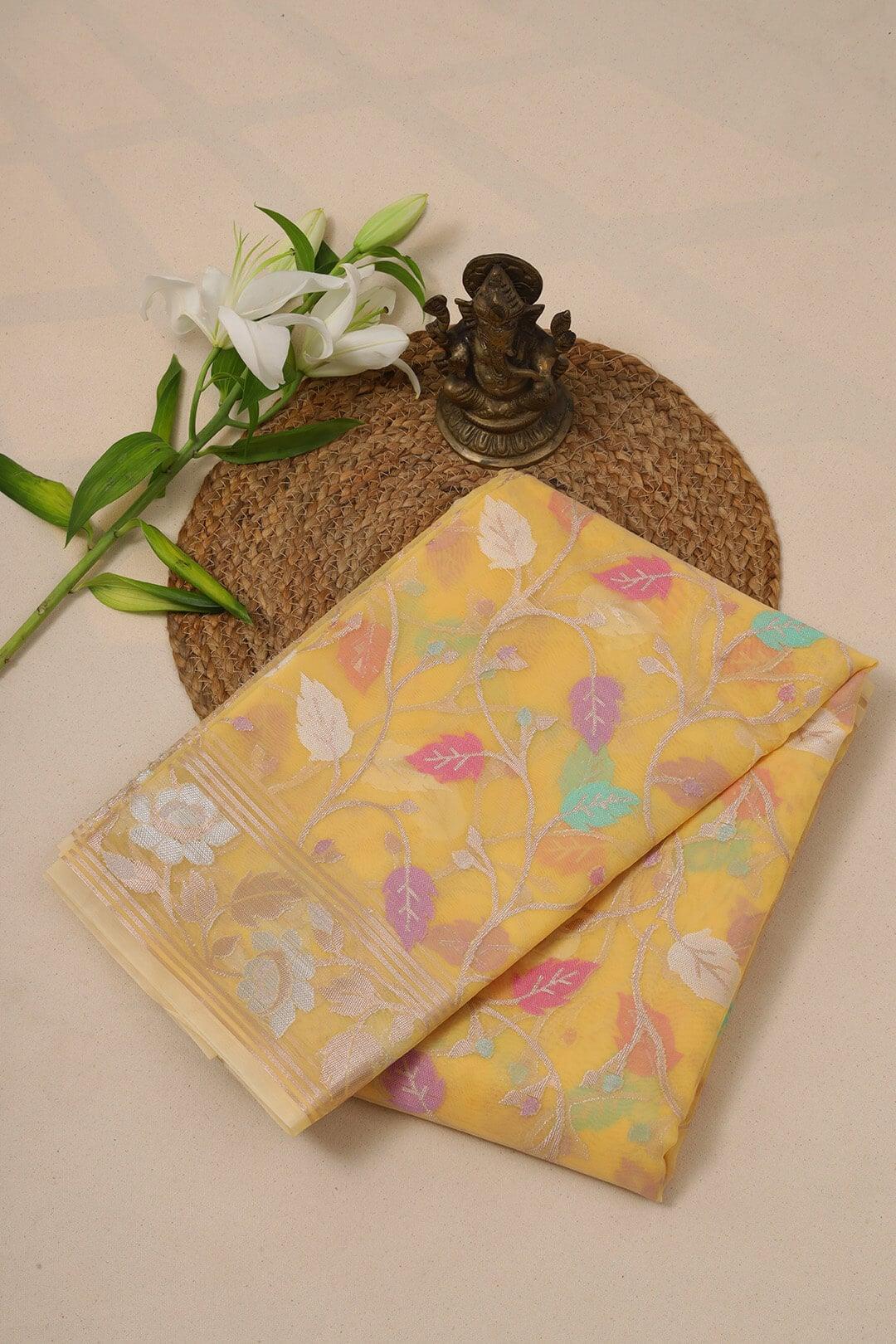 Semi Organza in Yellow view 2 - Yellow Semi Organza saree