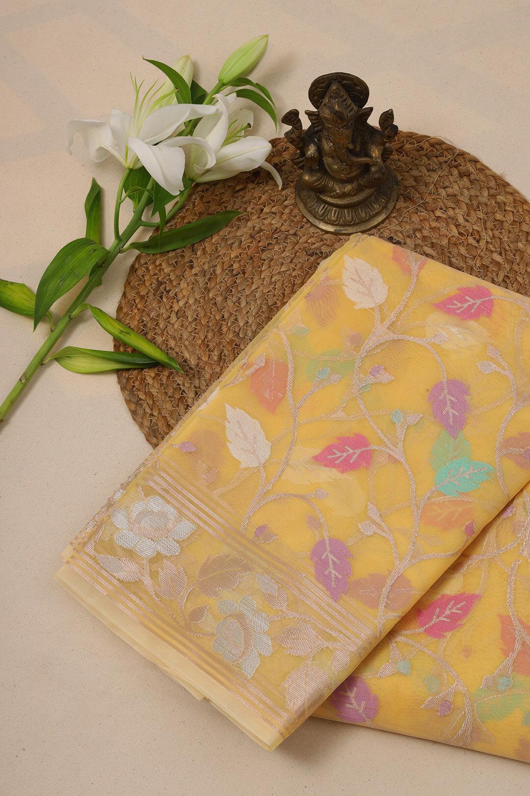 Semi Organza in Yellow 3 - Yellow Semi Organza saree