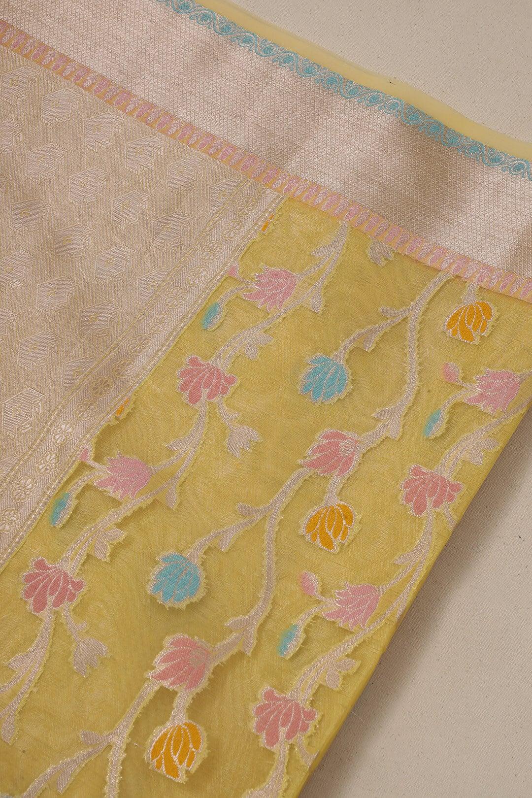 Semi Organza in Yellow with brocade border view 5 - Yellow  Semi Organza saree