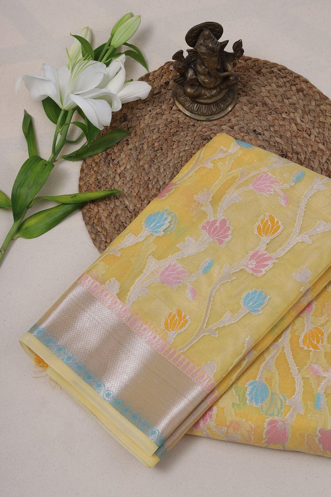 Semi Organza in Yellow with brocade border view 1 - Yellow  Semi Organza saree