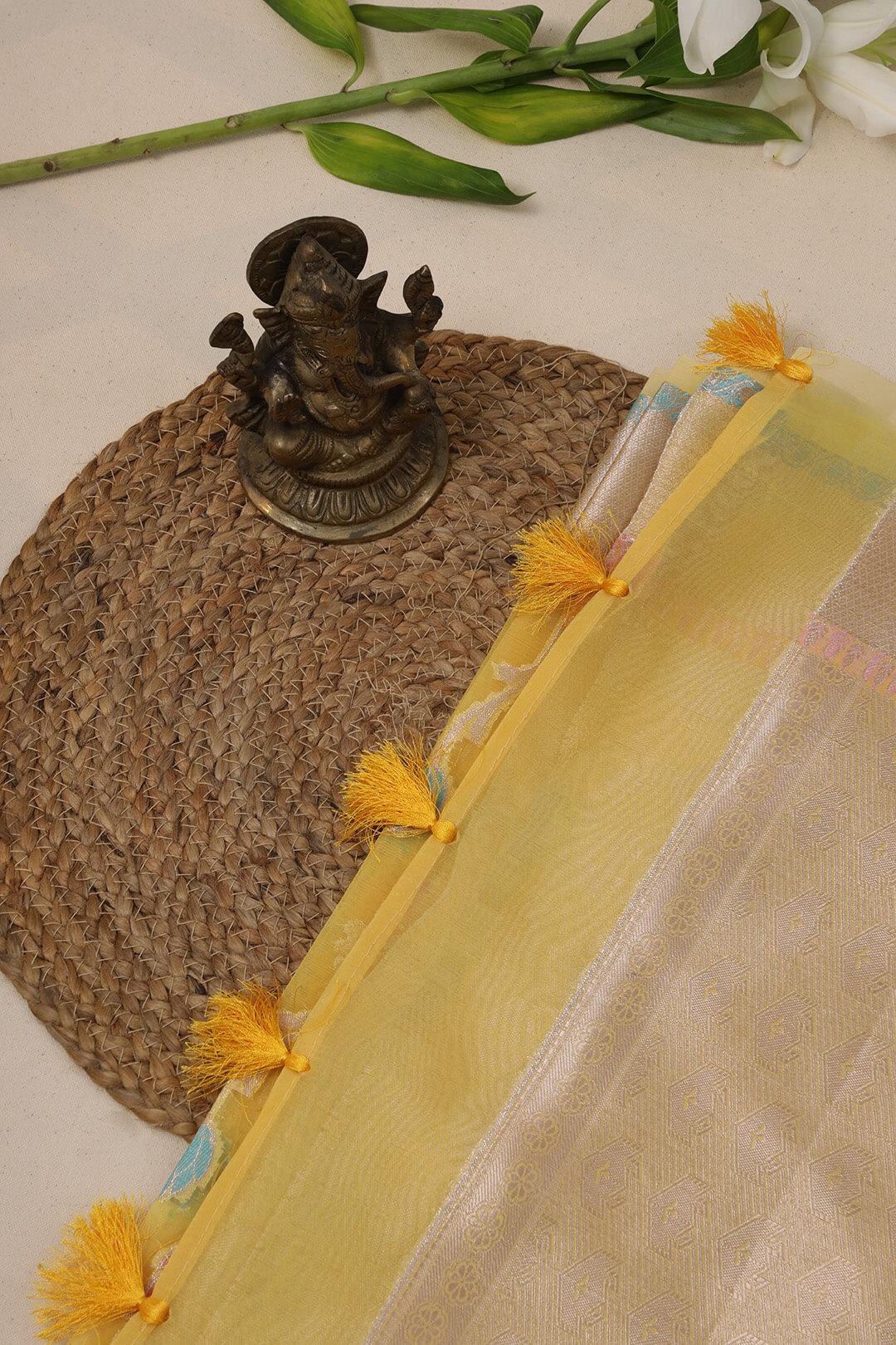 Semi Organza in Yellow with brocade border 4 - Yellow  Semi Organza saree