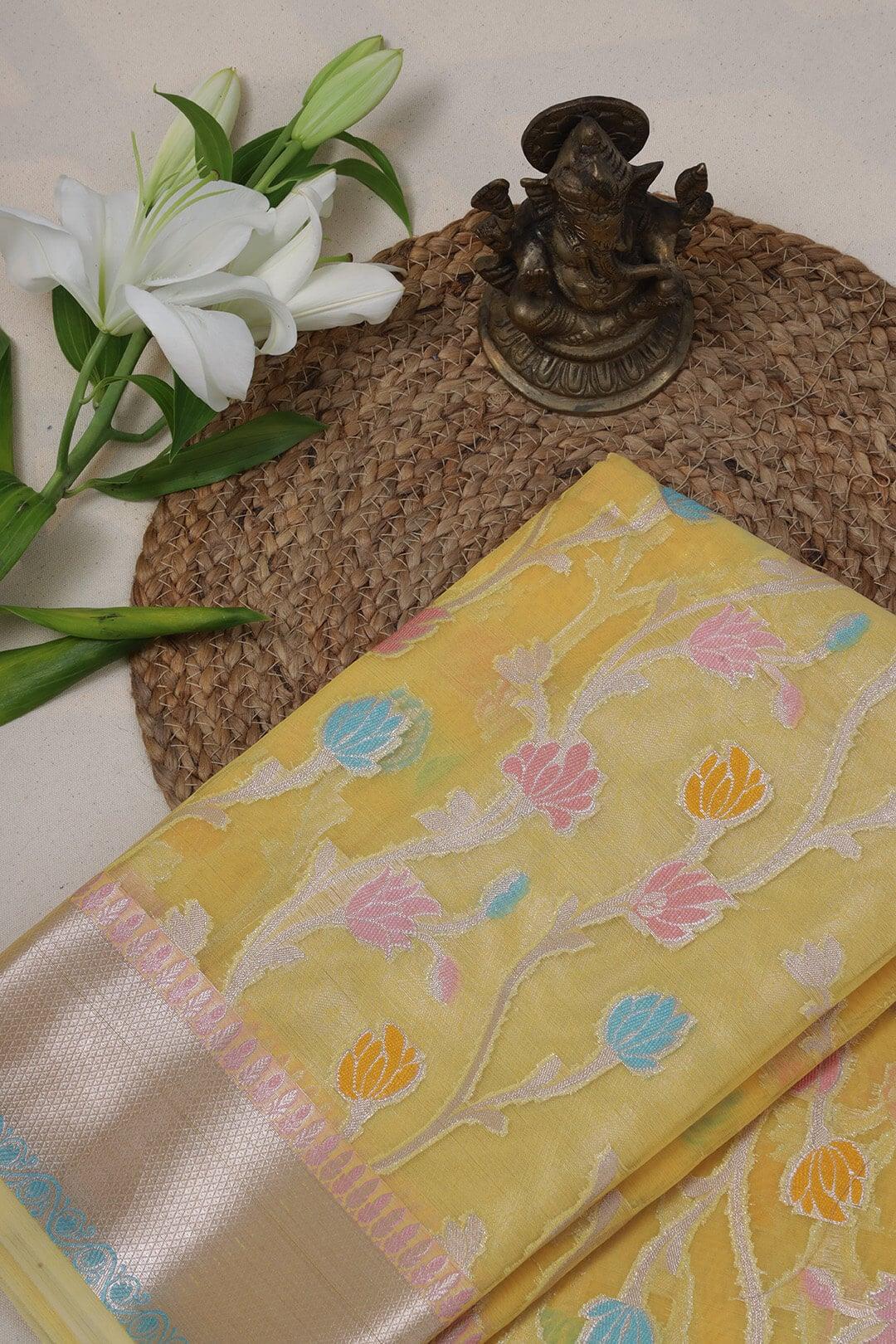 Semi Organza in Yellow with brocade border view 3 - Yellow  Semi Organza saree