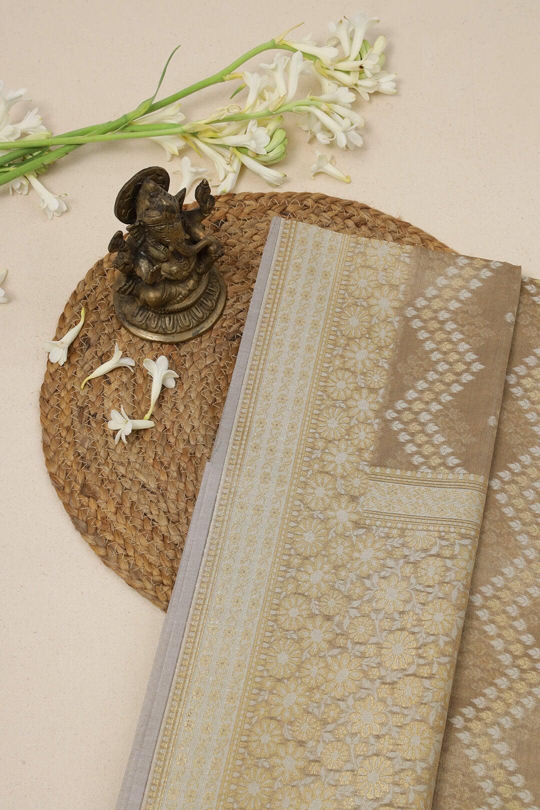 Semi kora tissue saree in brown view 1 - Brown Semi Kora Tissue saree