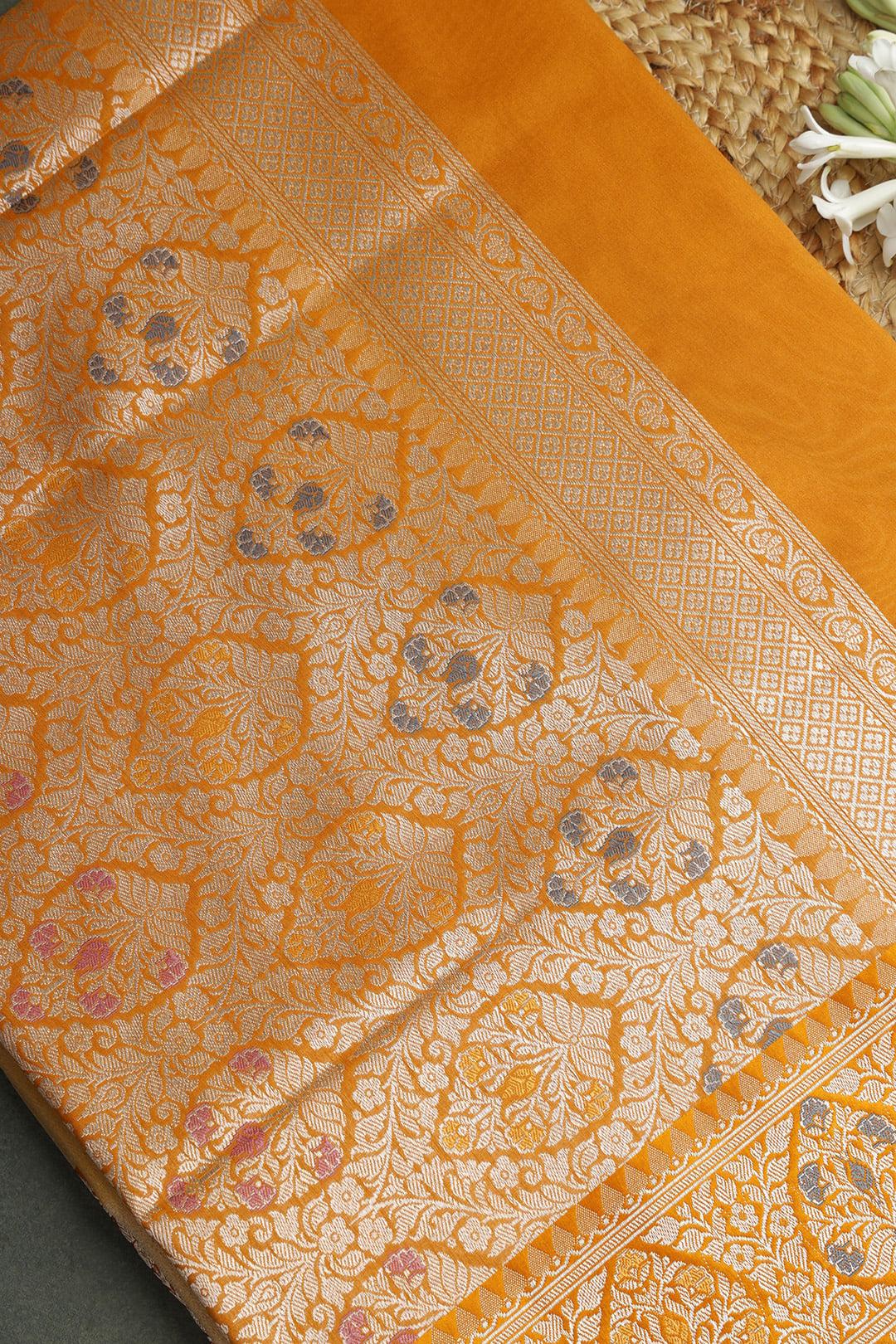 Semi Kora tissue Saree in Mustard view 6 - Mustard Semi Kora Tissue  saree saree