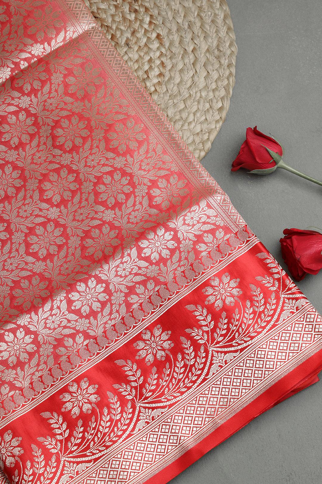 Semi Kora tissue Saree in off white and red pallu view 4 - Off white with Red Pallu Semi Kora Tissue  saree