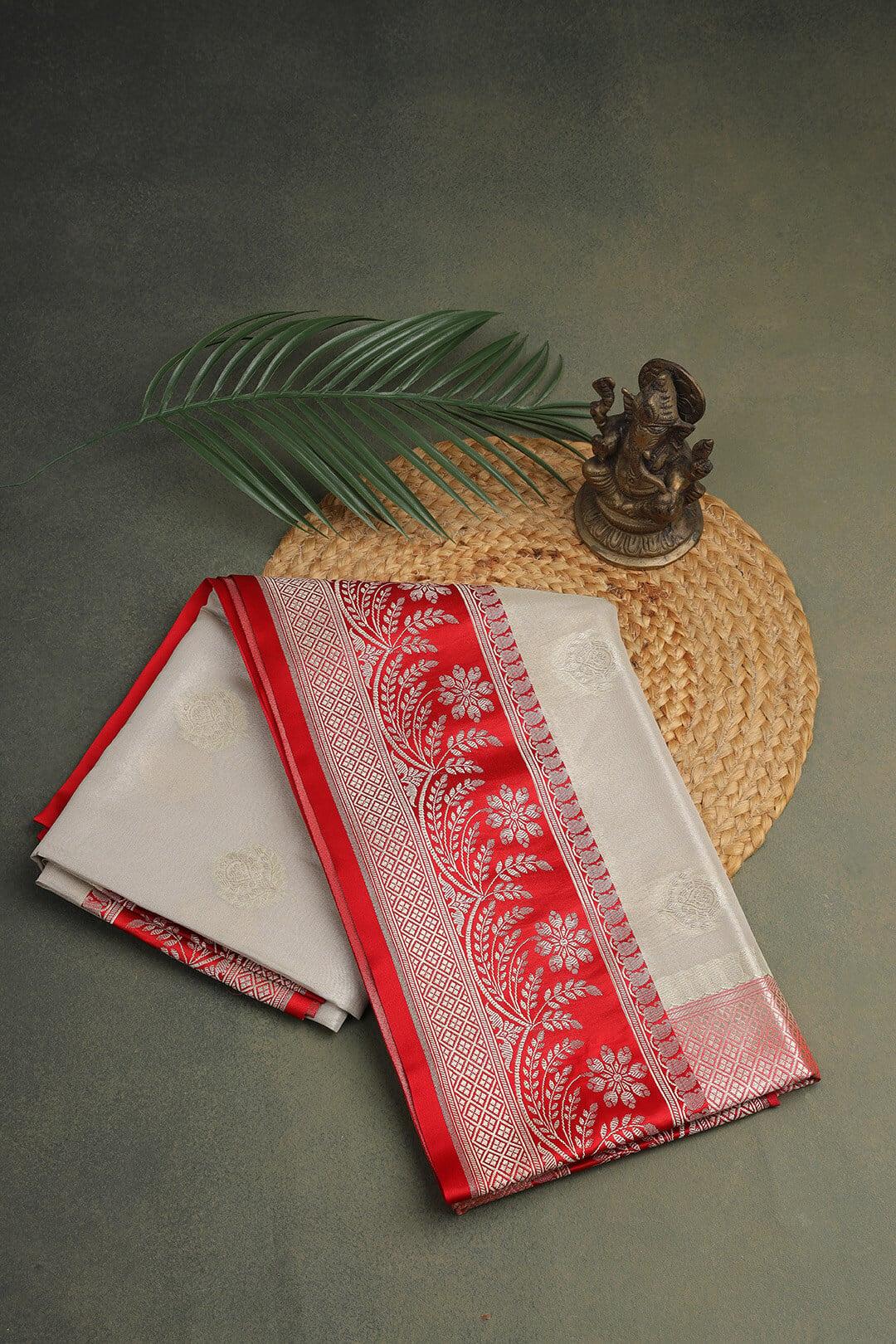 Semi Kora tissue Saree in off white and red pallu 2 - Off white with Red Pallu Semi Kora Tissue  saree