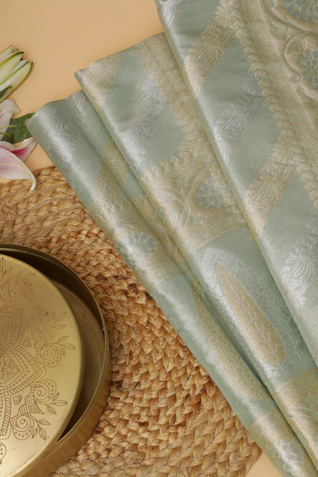 Semi Kora Tissue silk saree in pastel green with gold and silver zari 5 - Pastel green with gold and solver zari Semi Kora Tissue saree