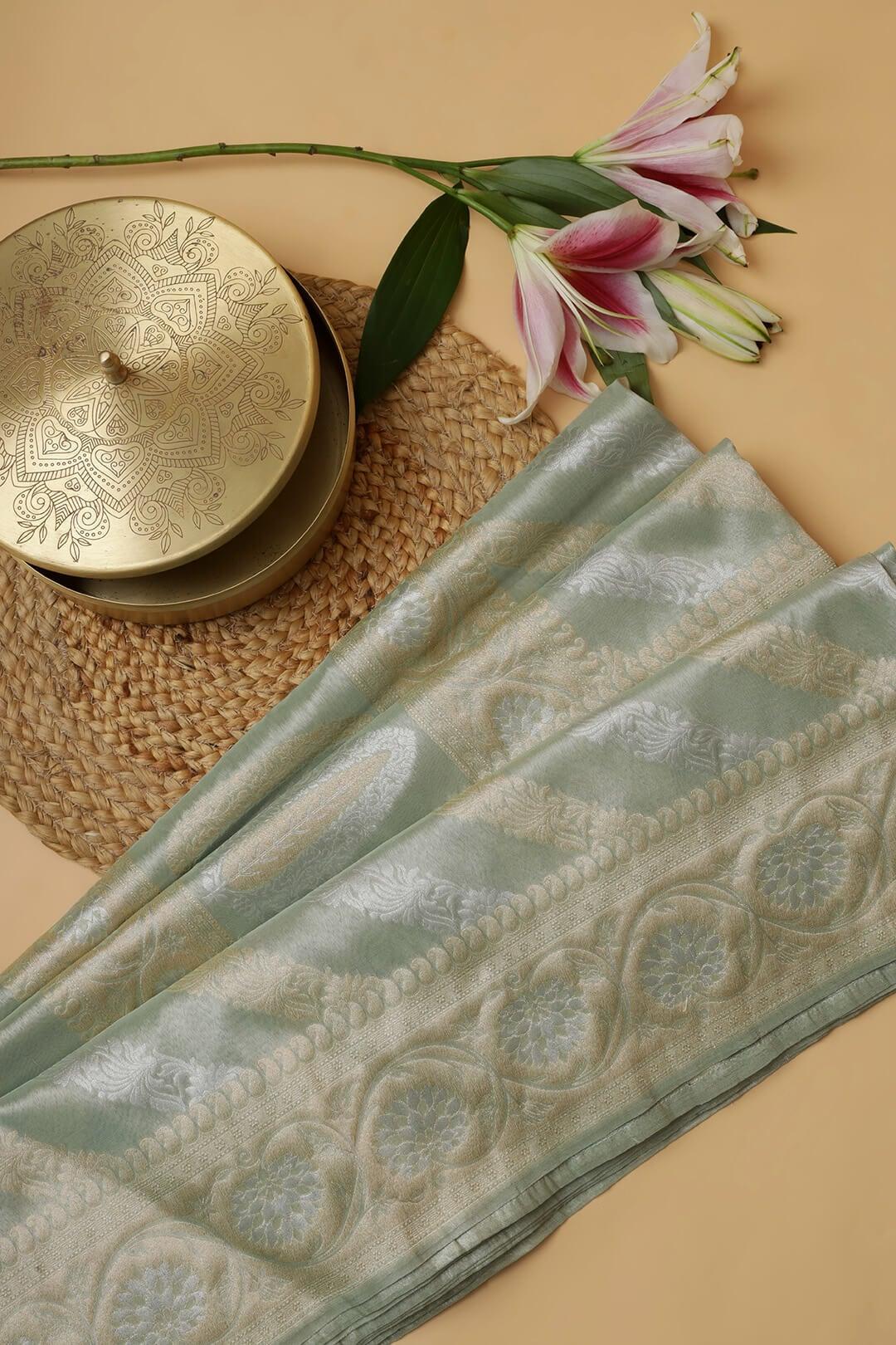Semi Kora Tissue silk saree in pastel green with gold and silver zari view 2 - Pastel green with gold and solver zari Semi Kora Tissue saree