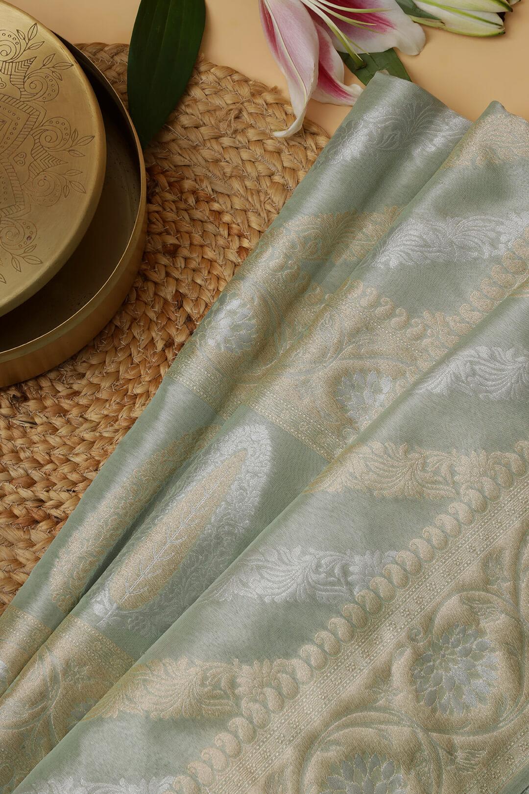 Semi Kora Tissue silk saree in pastel green with gold and silver zari 4 - Pastel green with gold and solver zari Semi Kora Tissue saree