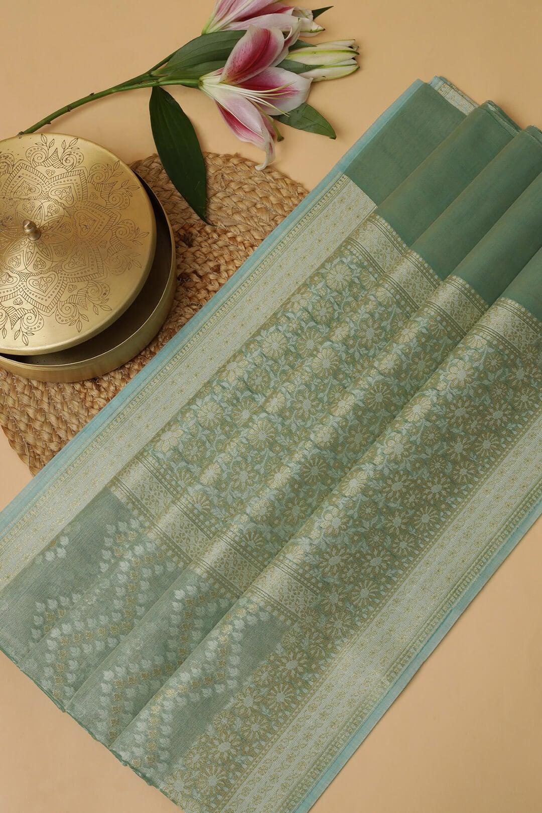 Semi Kora Tissue Saree in Teal view 7 - Teal Semi Kora Tissue saree