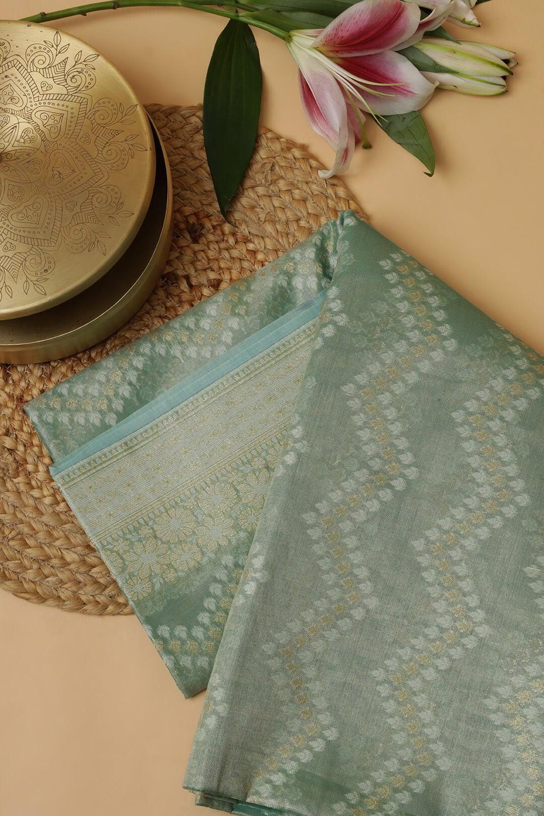 Semi Kora Tissue Saree in Teal view 5 - Teal Semi Kora Tissue saree