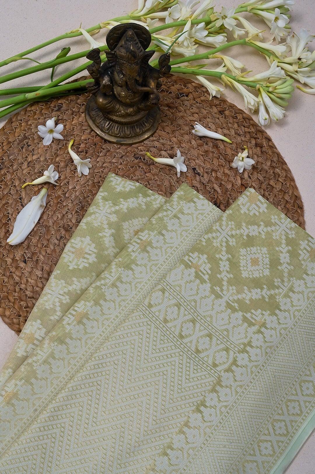 Semi Kora Tissue saree with soft pista green and ivory 4 - Pista green & Ivory Semi Kora Tissue saree