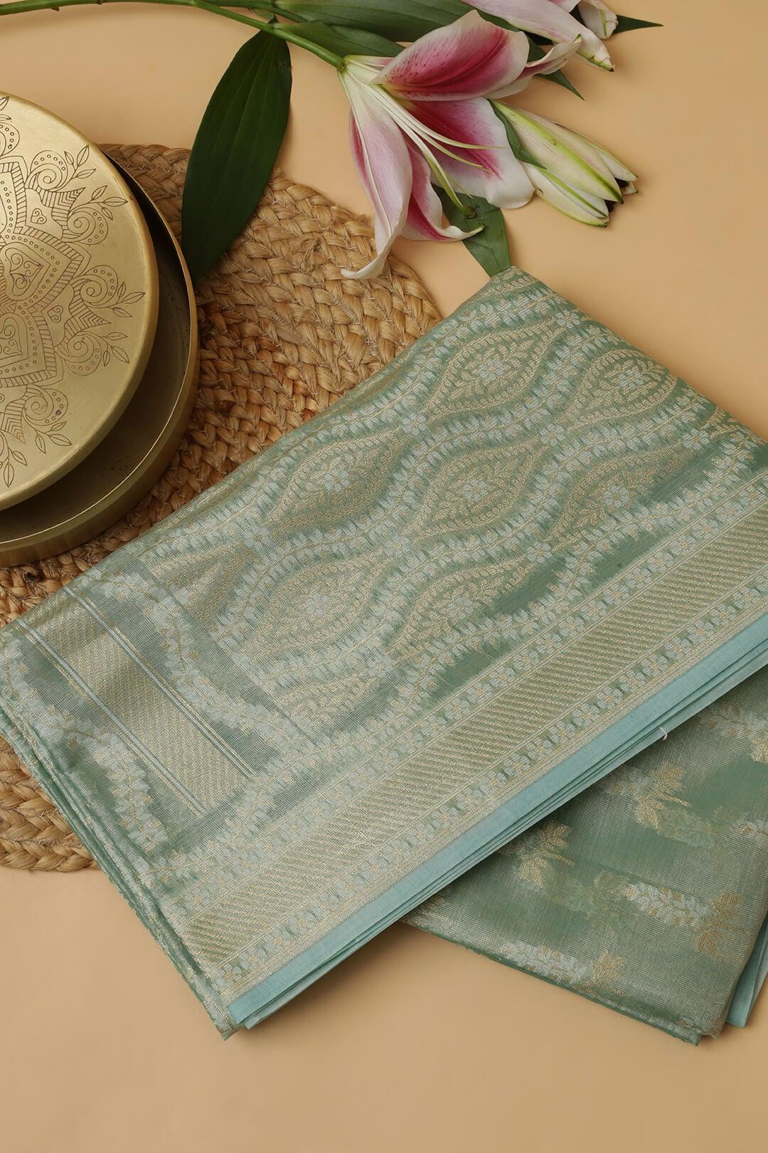 Semi Kora Tissue silk saree in pastel sea green view 3 - Pastel sea green Semi Kora Tissue saree