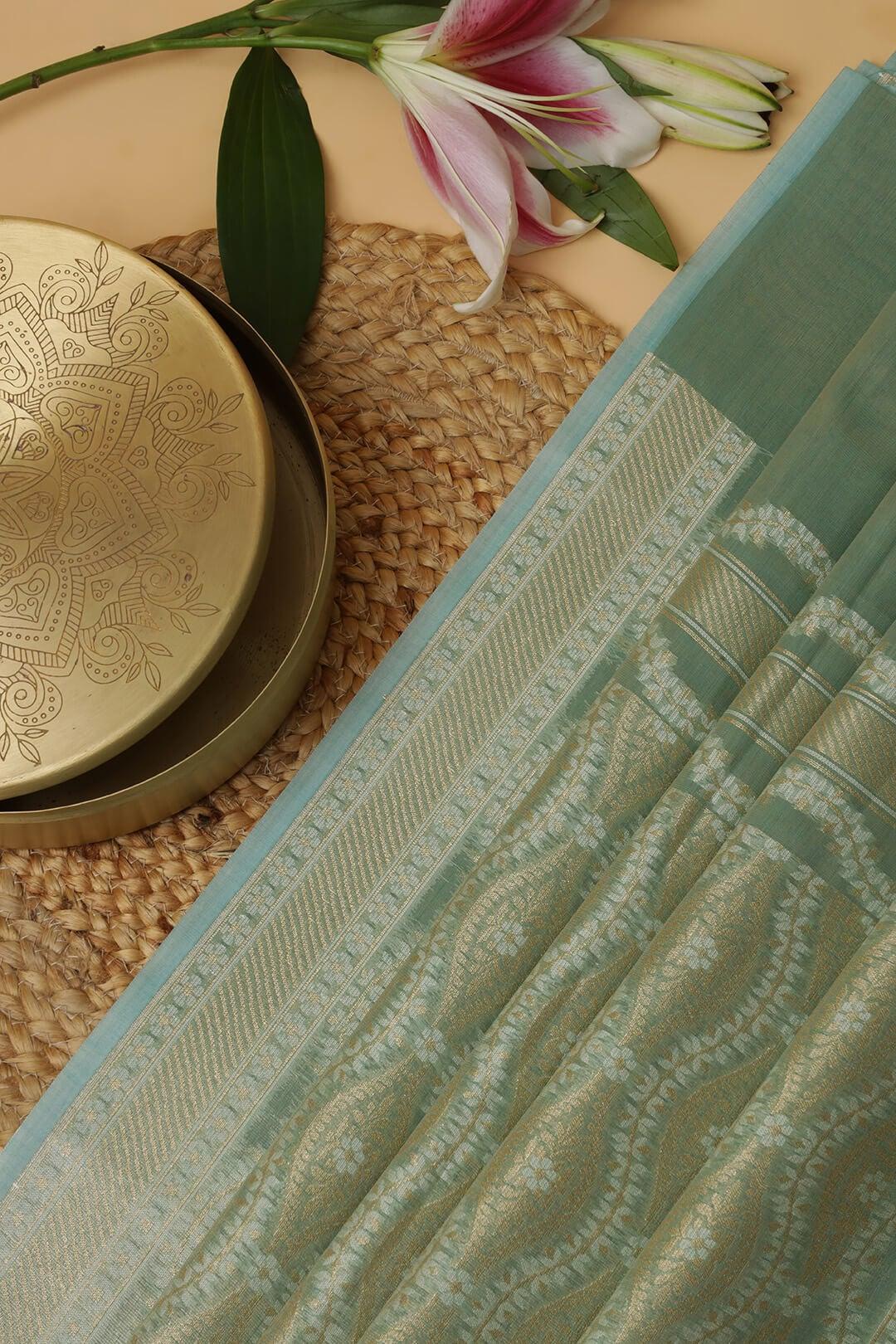 Semi Kora Tissue silk saree in pastel sea green view 2 - Pastel sea green Semi Kora Tissue saree