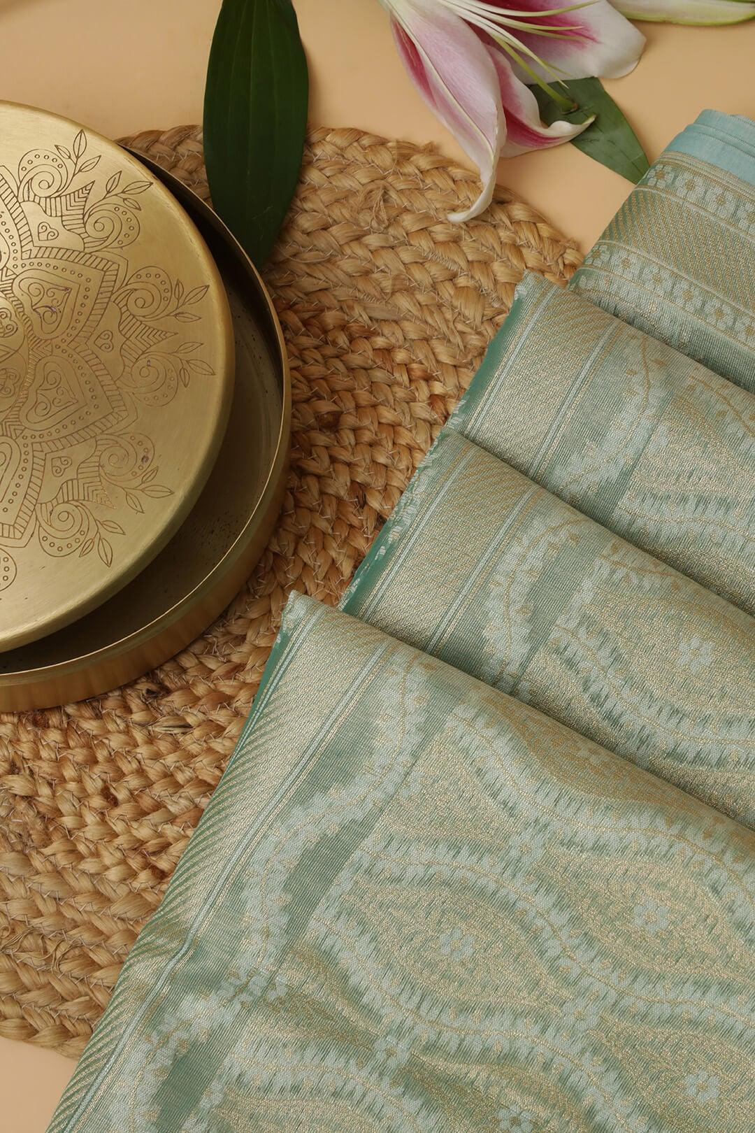 Semi Kora Tissue silk saree in pastel sea green view 4 - Pastel sea green Semi Kora Tissue saree
