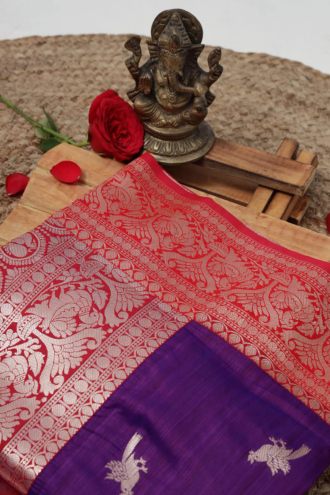 Semi Katan Silk in Deep Purple and Red 4 - Deep Purple and Red Semi Katan saree