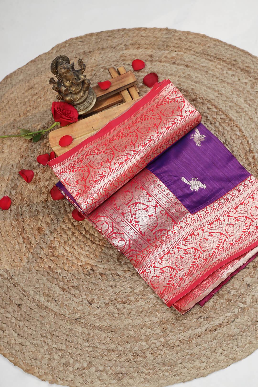 Semi Katan Silk in Deep Purple and Red - handcrafted saree from Semi Katan Silk Saree collection