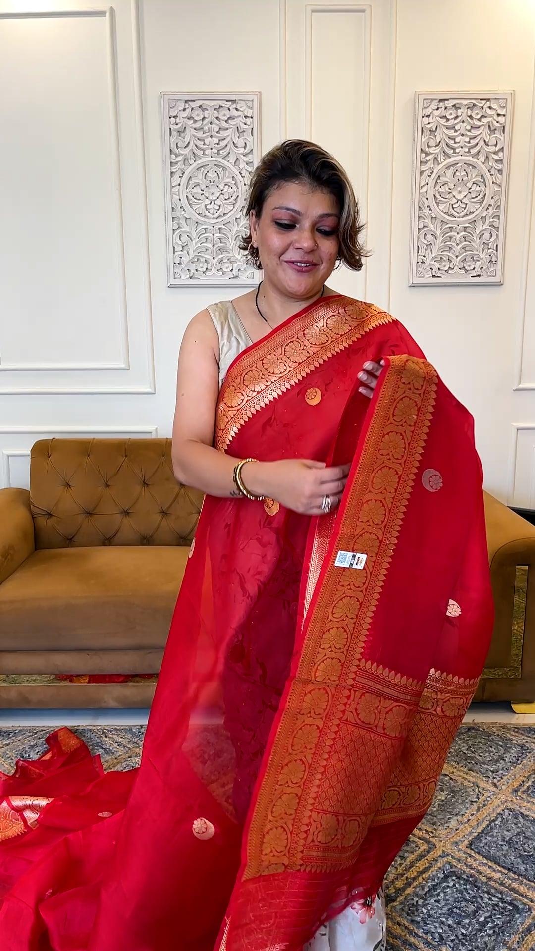 Handloom Kora banarasi saree in Red - handcrafted saree from Handloom Kora Banarasi Saree collection