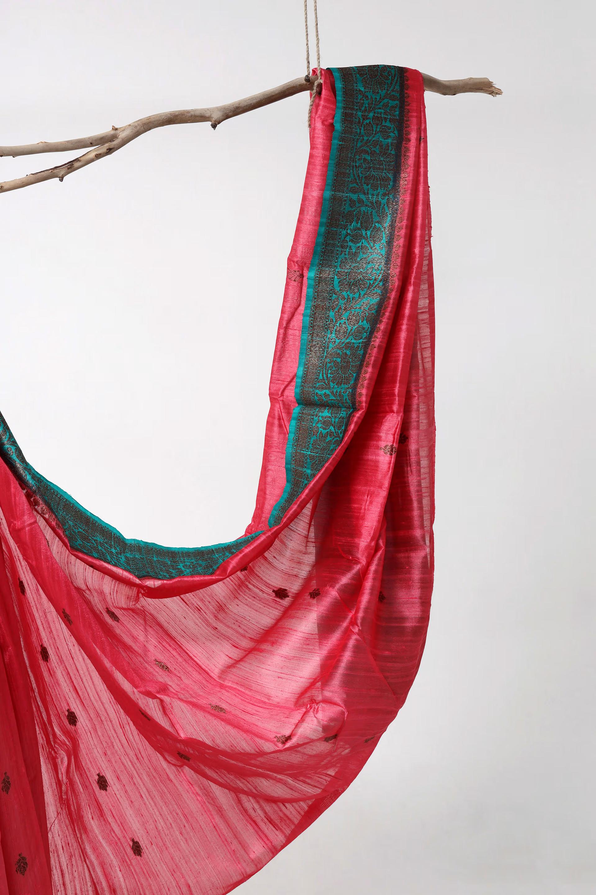 Handloom Tussar Banarasi in Pink and Turqoise Blue 6 - Pink and Turquoise blue Tussar silk saree
