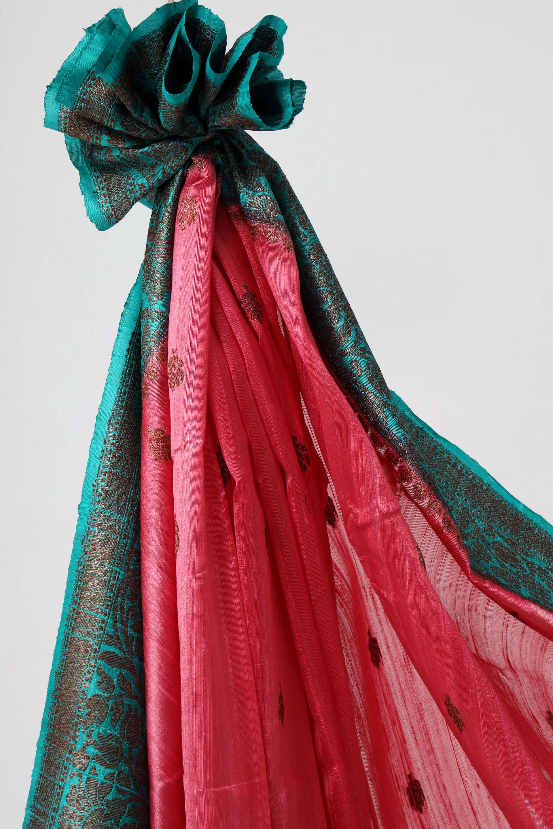 Handloom Tussar Banarasi in Pink and Turqoise Blue 5 - Pink and Turquoise blue Tussar silk saree