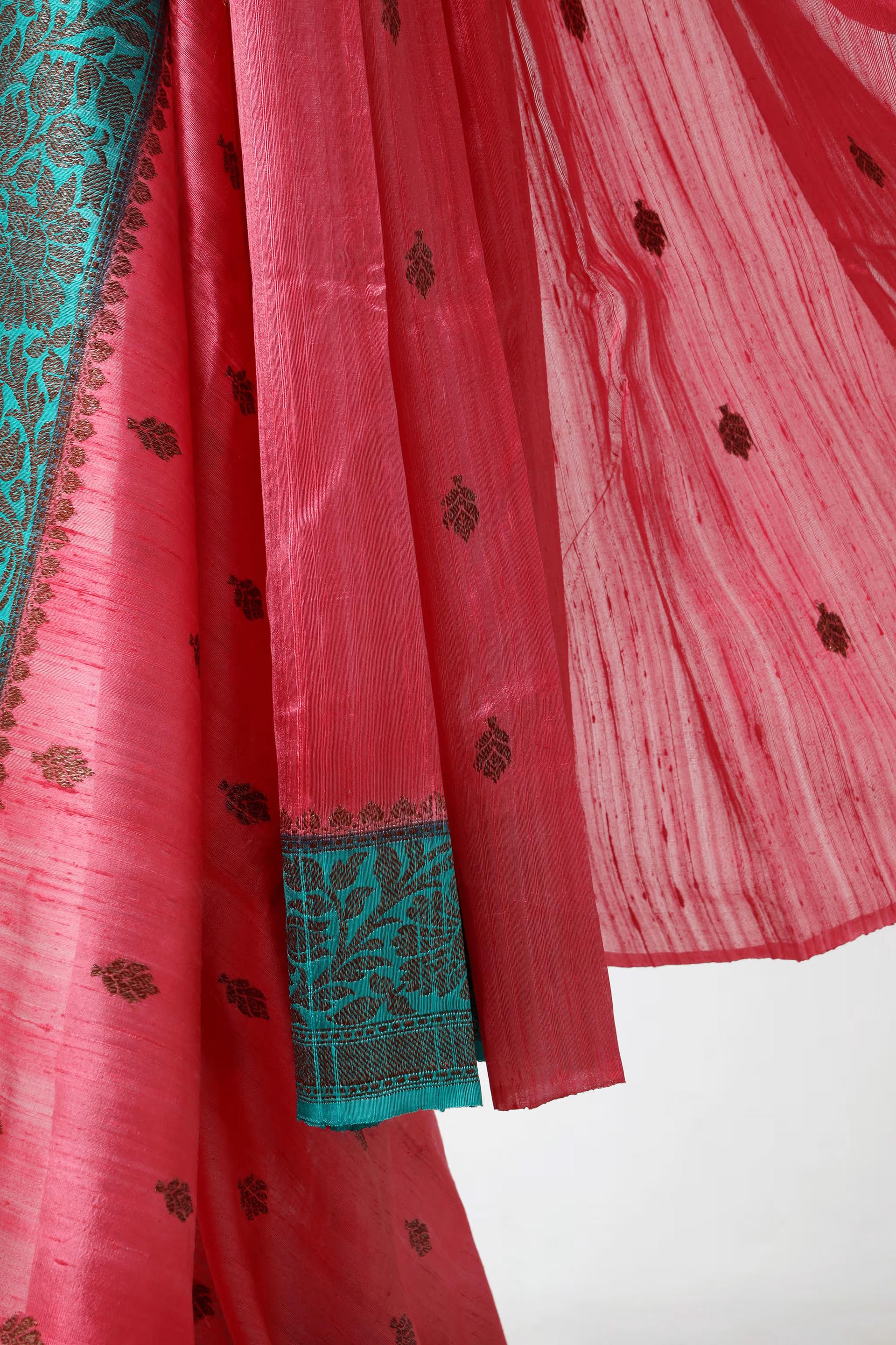 Handloom Tussar Banarasi in Pink and Turqoise Blue 3 - Pink and Turquoise blue Tussar silk saree