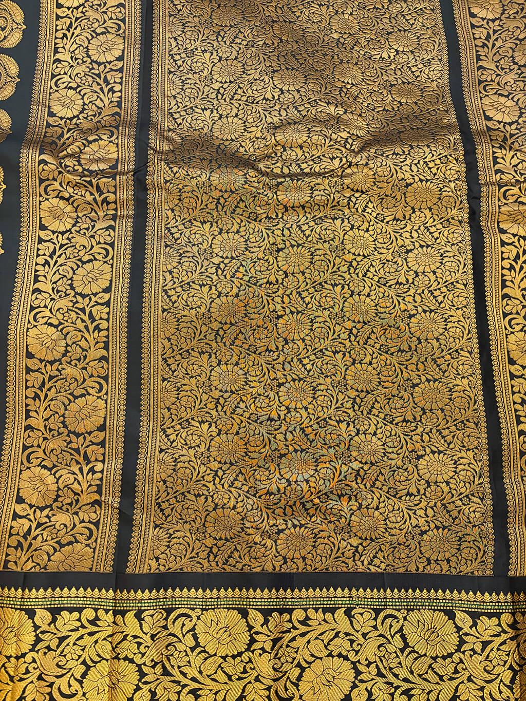 Handloom Pure Silk Gadwal in Gold Brocade on Cream and Black Zari Pallu 3 - Cream (Body) • Deep Black (Pallu) • Gold (Zari & Borders) Pure Silk Gadwal saree