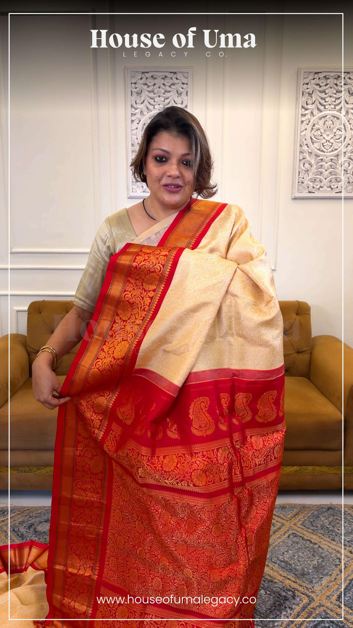 Handloom Pure Silk Gadwal in Gold Brocade on Cream and Red Zari Pallu view 1 - Cream (Body) • Red (Pallu) • Gold (Zari & Red Borders) Pure Silk Gadwal saree