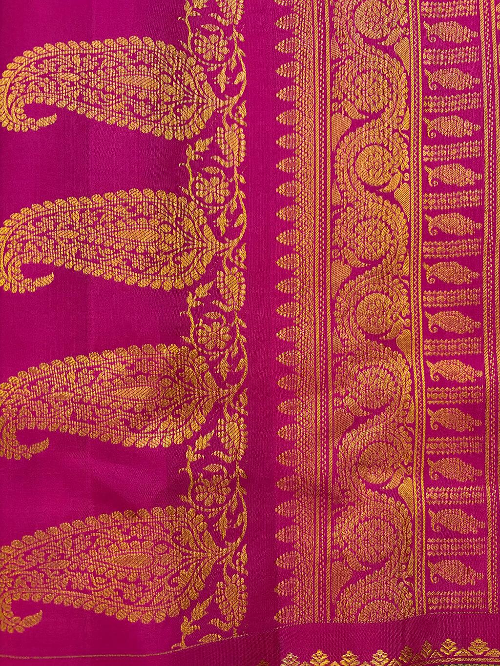 Handloom Pure Silk Gadwal in Gold Brocade on Sage Green and Rani Pink Pallu 4 - Sage Green (Body) • Rani Pink (Pallu) • Gold (Zari & Rani Pink Borders) Pure Silk Gadwal saree