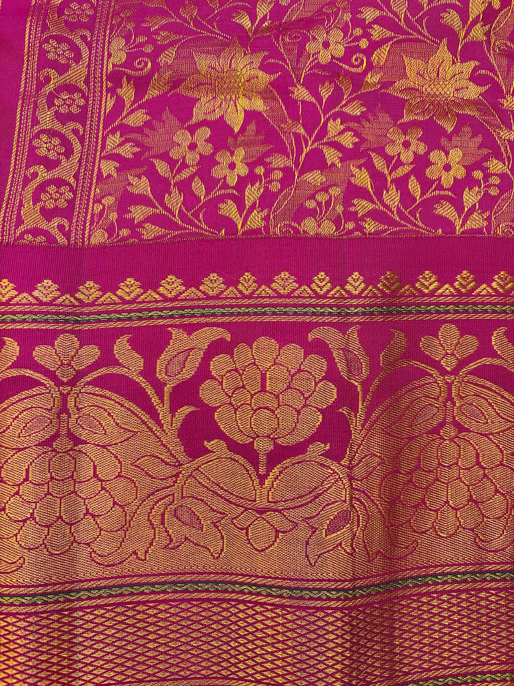 Handloom Pure Silk Gadwal in Gold Brocade on Sage Green and Rani Pink Pallu view 3 - Sage Green (Body) • Rani Pink (Pallu) • Gold (Zari & Rani Pink Borders) Pure Silk Gadwal saree