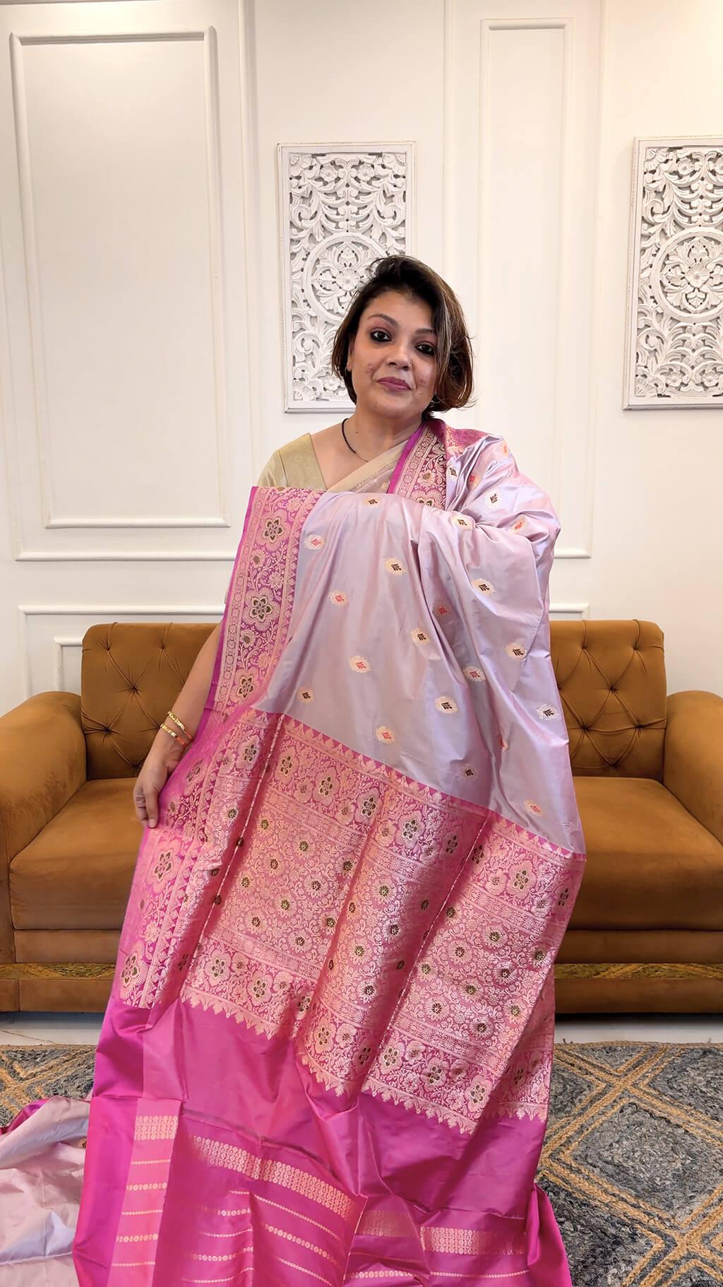 Handloom Pure Katan Silk in Dual Tone Lavender and Pink with Meenakari view 3 - Lavender and Pink Silk saree