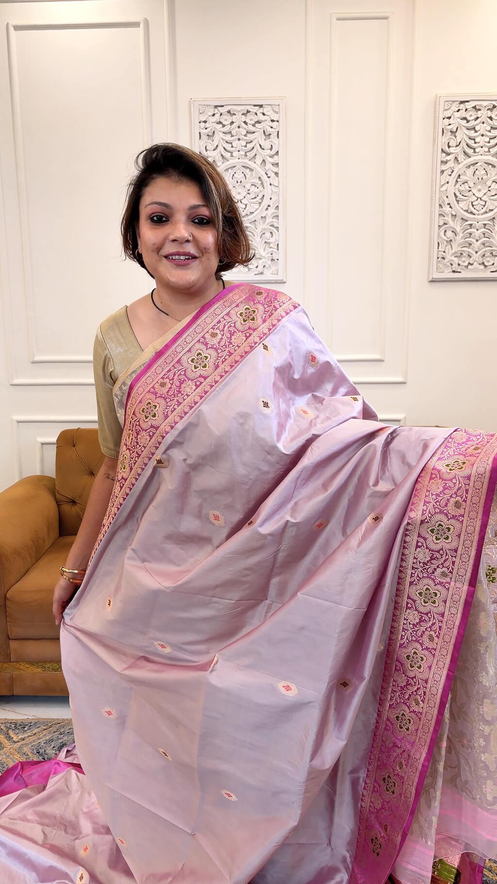 Handloom Pure Katan Silk in Dual Tone Lavender and Pink with Meenakari 4 - Lavender and Pink Silk saree