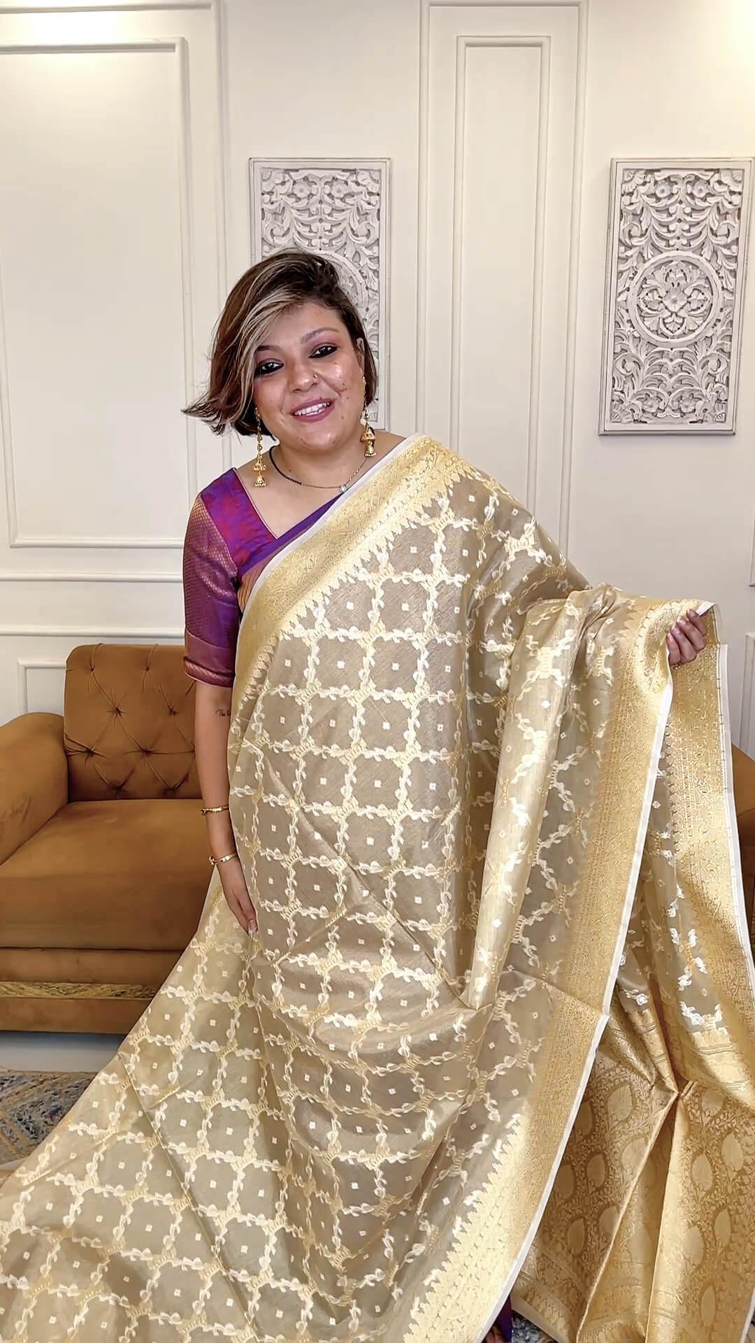 Semi Kora Tissue Silk saree in Pastel Beige - handcrafted saree from Semi Kora Tissue Saree collection