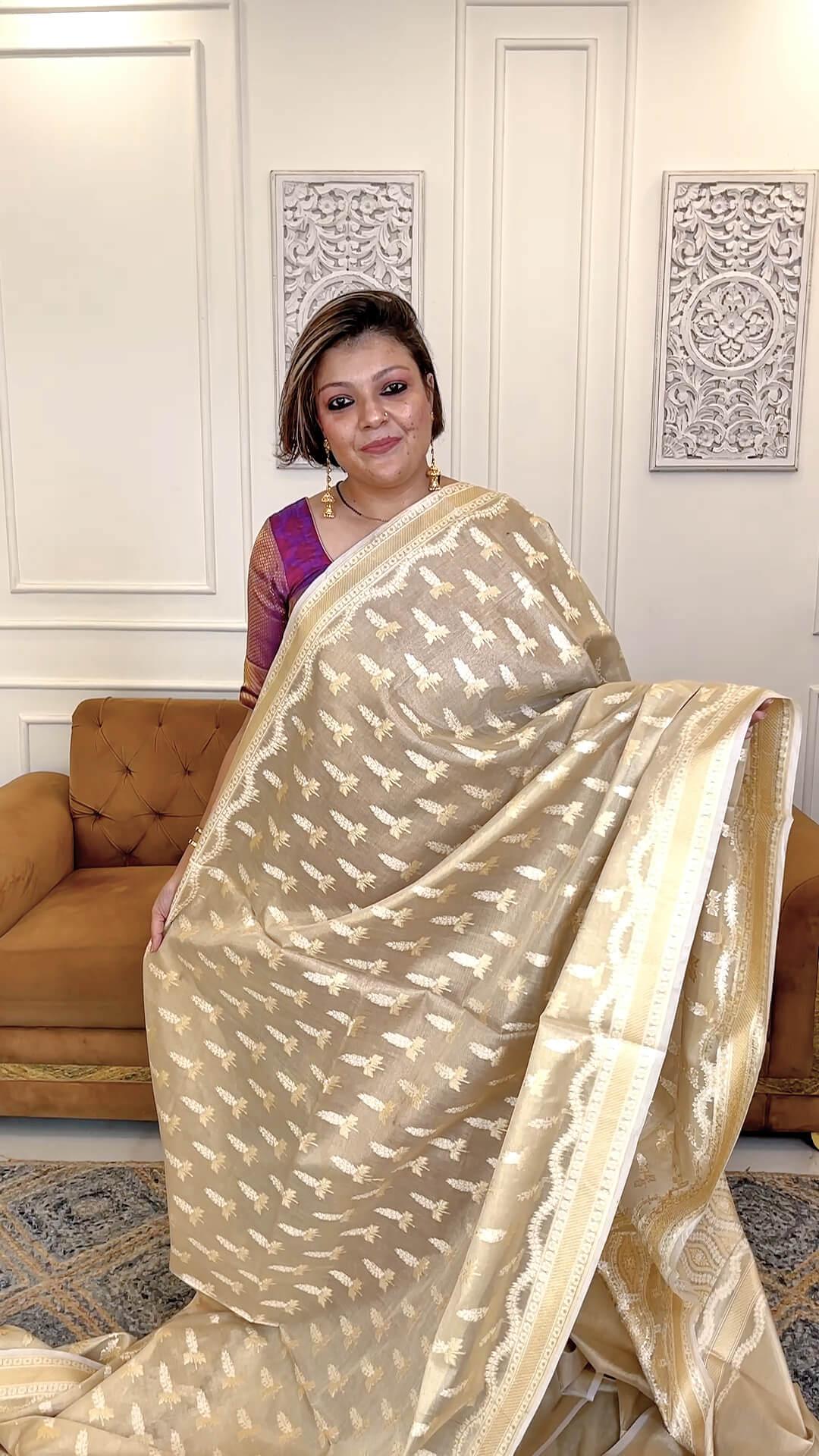 Semi Kora Tissue Silk saree in Beige view 1 - Beige Semi Kora Tissue saree