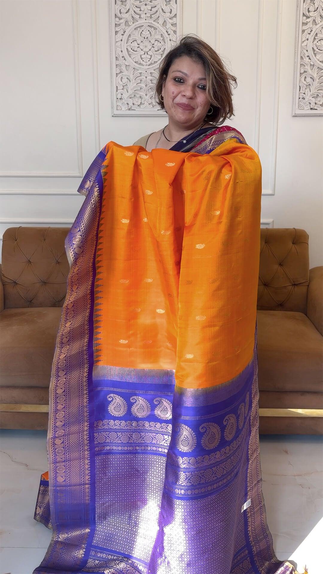 Handloom Pure Silk Gadwal in Orange and Royal Blue Pallu - handcrafted saree from Handloom Pure Silk Gadwal collection