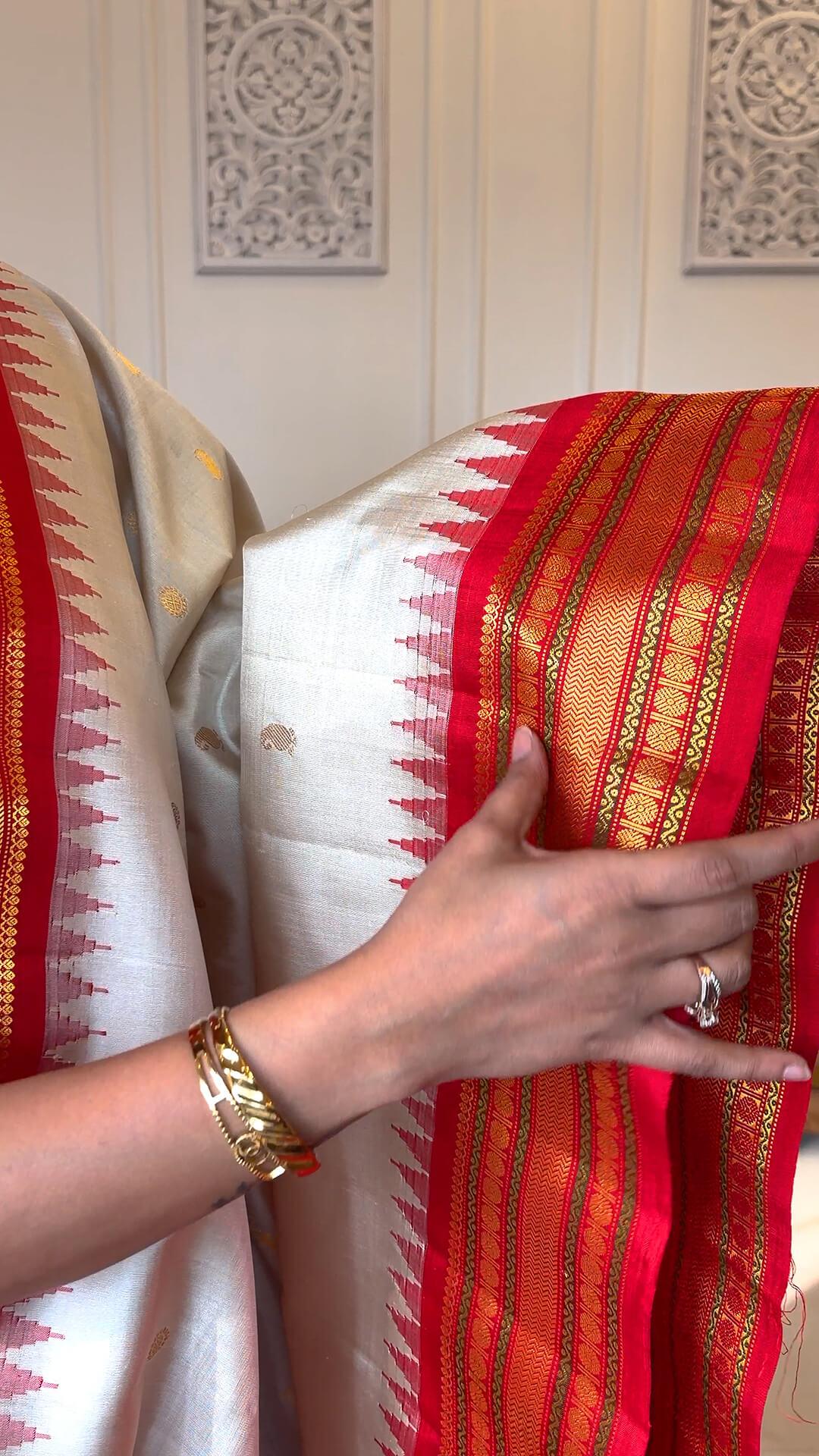 Handloom Pure Silk Gadwal in Ivory and Red 2 - Ivory and Red Pure Silk Gadwal saree