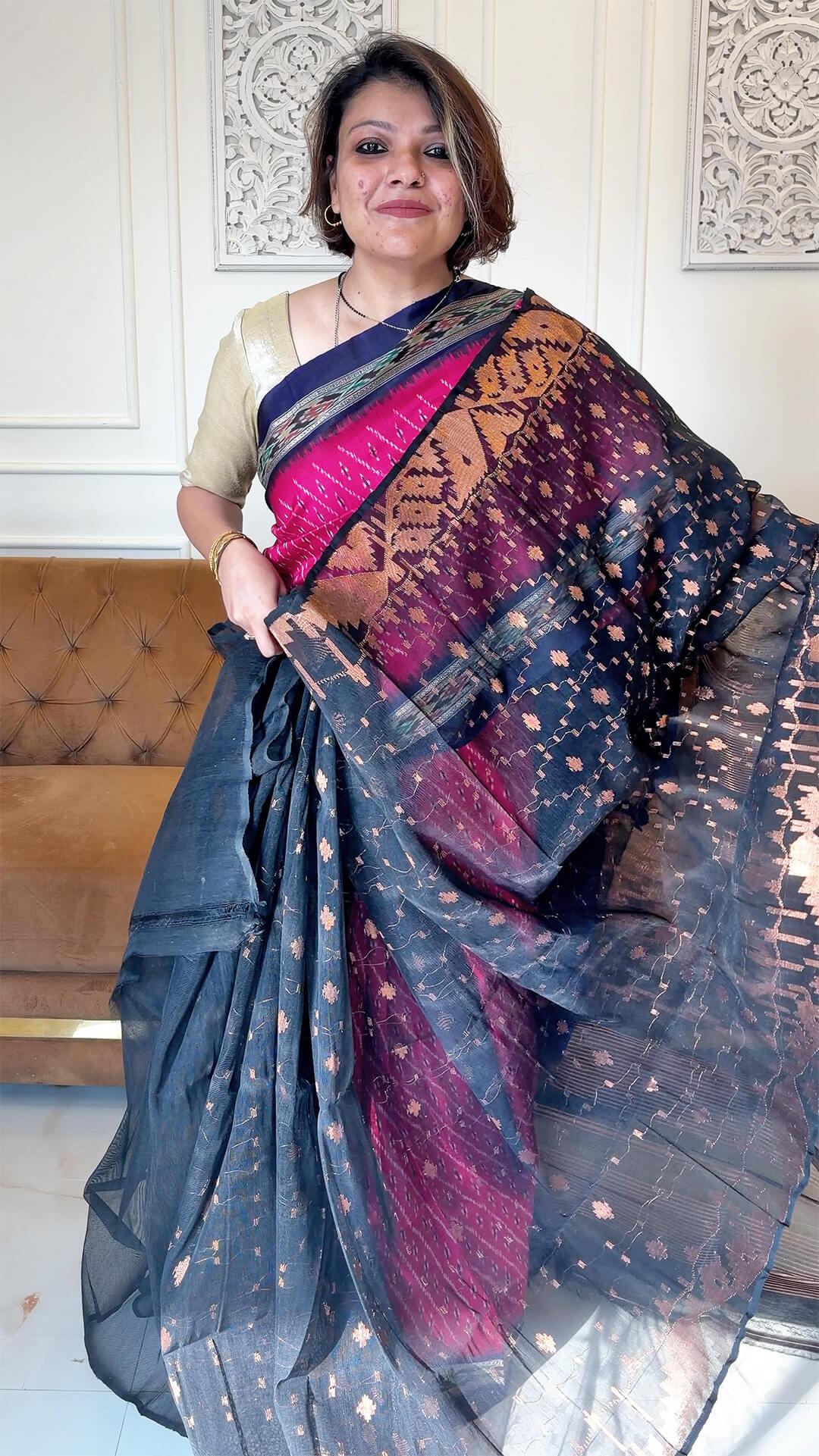 Handloom Dhakai Jamdani saree in Black and Copper Zari 4 - Black and Copper Jamdani half silk saree