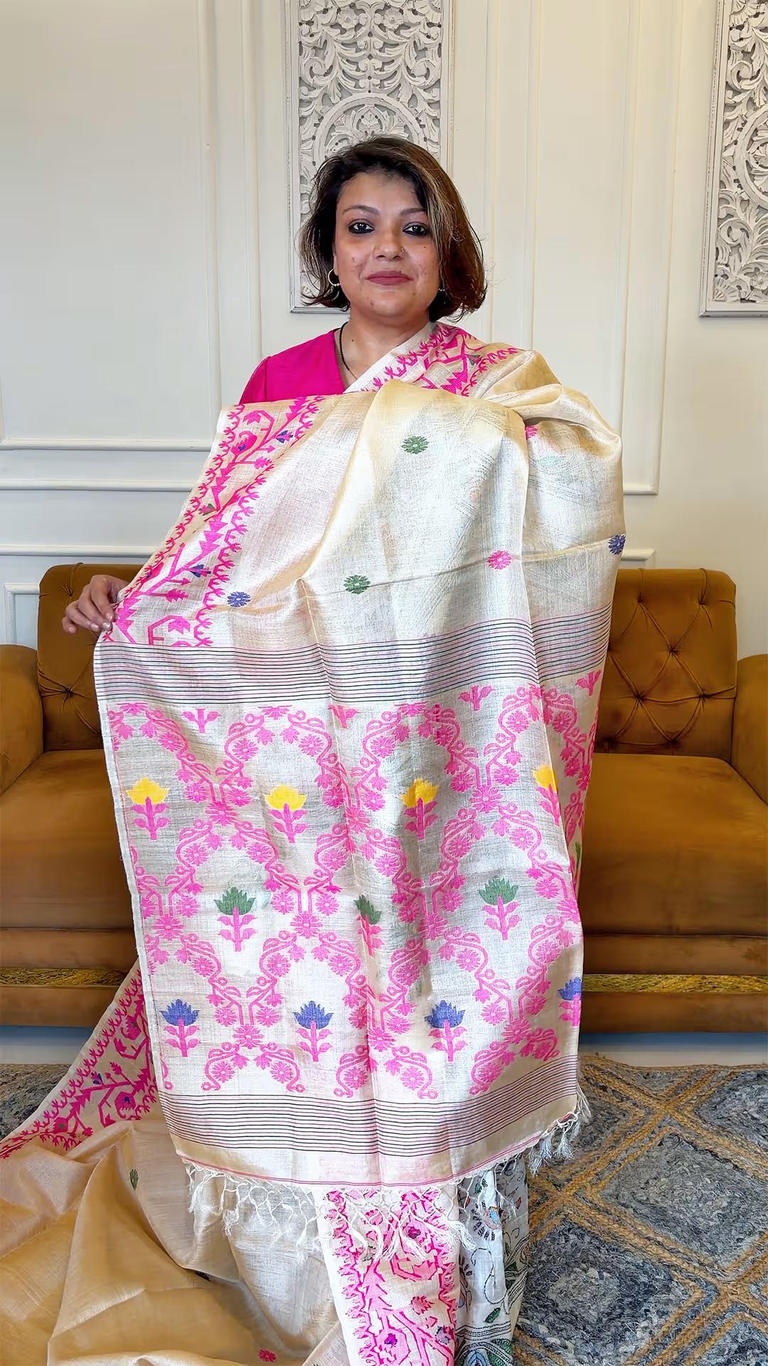 Handloom Gachi Tussar Jamdani saree  view 1 - Tussar colour with Hot Pink Tussar saree