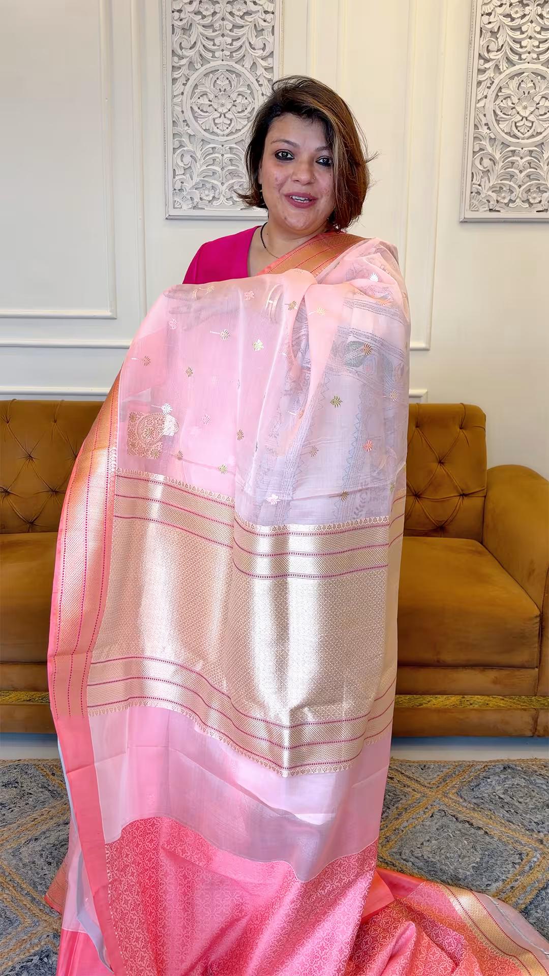 Handloom Pure Kora Silk Banarasi saree in Peach Pink view 2 - Peach Pink Kora Silk saree