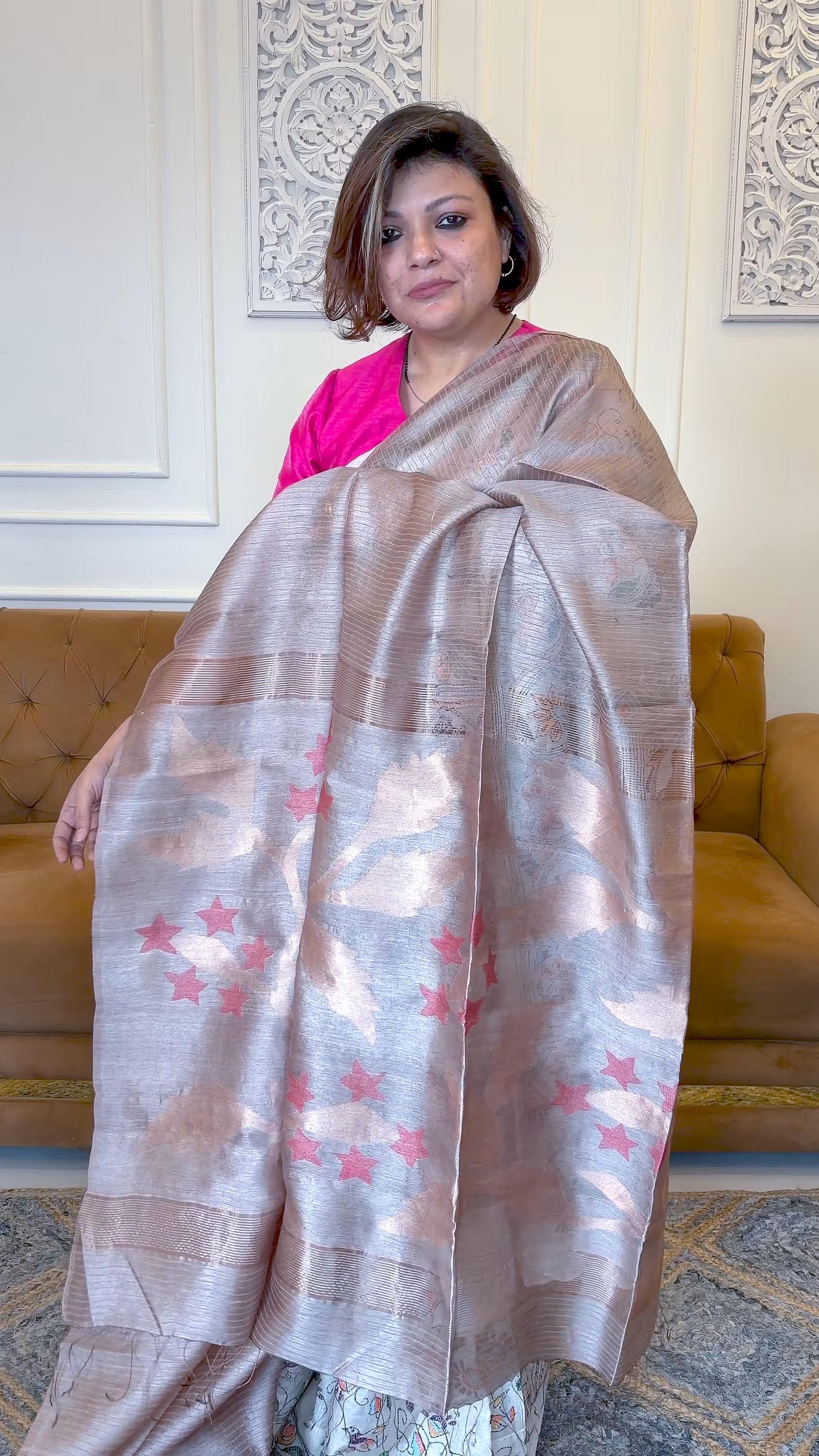 Handloom Pure Muslin silk Jamdani with Mooga Silk Stripes in Mocha 1 - Mocha Muslin silk saree