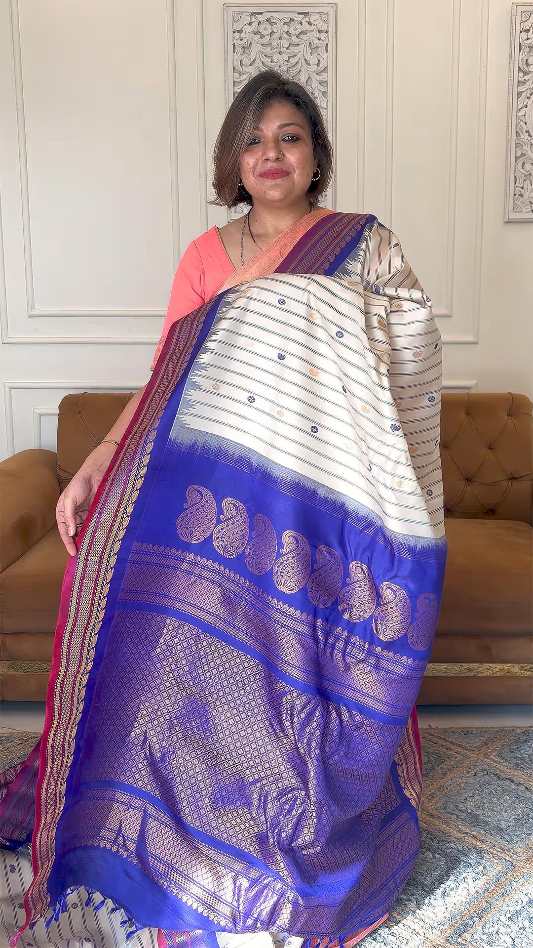 Handloom Pure Silk Gadwal in Ivory and Royal Blue view 1 - Ivory and Royal Blue Pure Silk saree