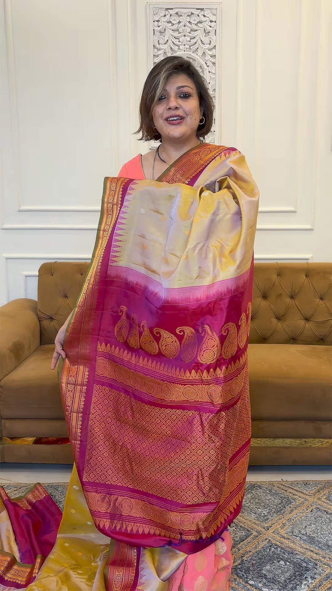 Handloom Pure Silk Gadwal in Muted Sage Green with Golden and Beige Undertones view 1 - Muted Sage Green with Golden and Beige Undertones Pure Silk saree