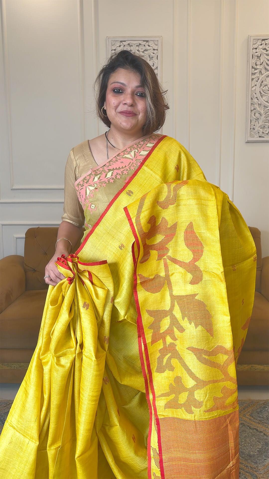 Handloom Pure Tussar Silk Jamdani in Yellow & Red - Yarn Dyed Saree view 1 - Yellow & Red Tussar saree
